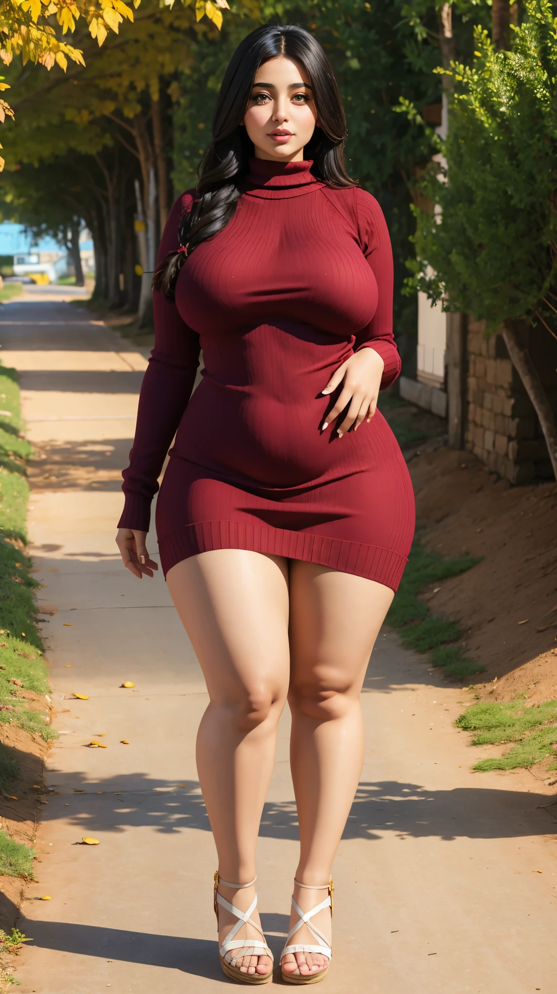 Arabic Woman in Italian building, curvy body, very detail ,wide hips, loong legs ,thick high, full body in camera, wearing strap wedges, wearing mini sweater dress