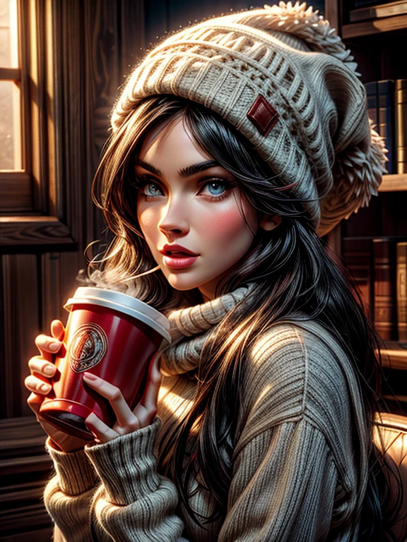 {Megan Fox, linda, neve, frio, cachecol, gorro, Large cup.