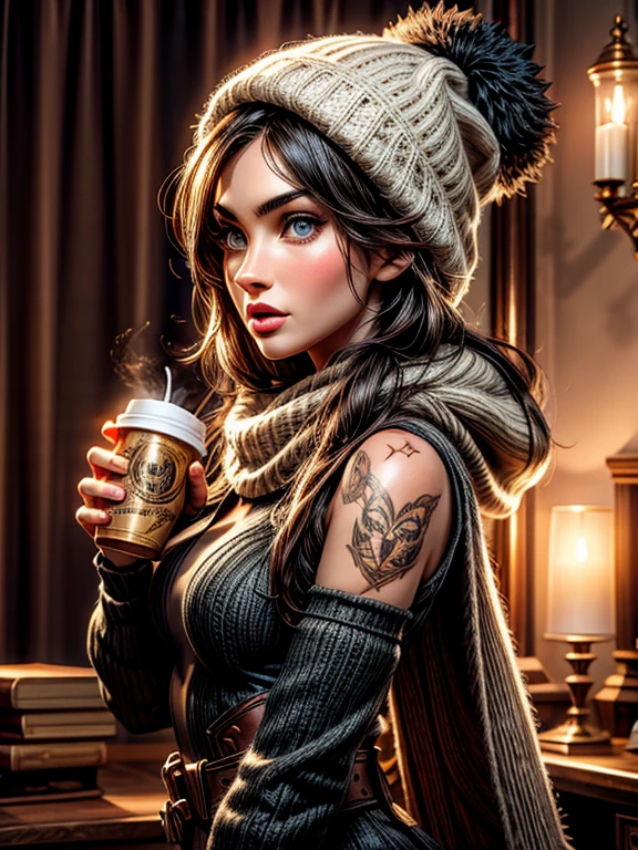 {Megan Fox, linda, neve, frio, cachecol, gorro, Large cup.