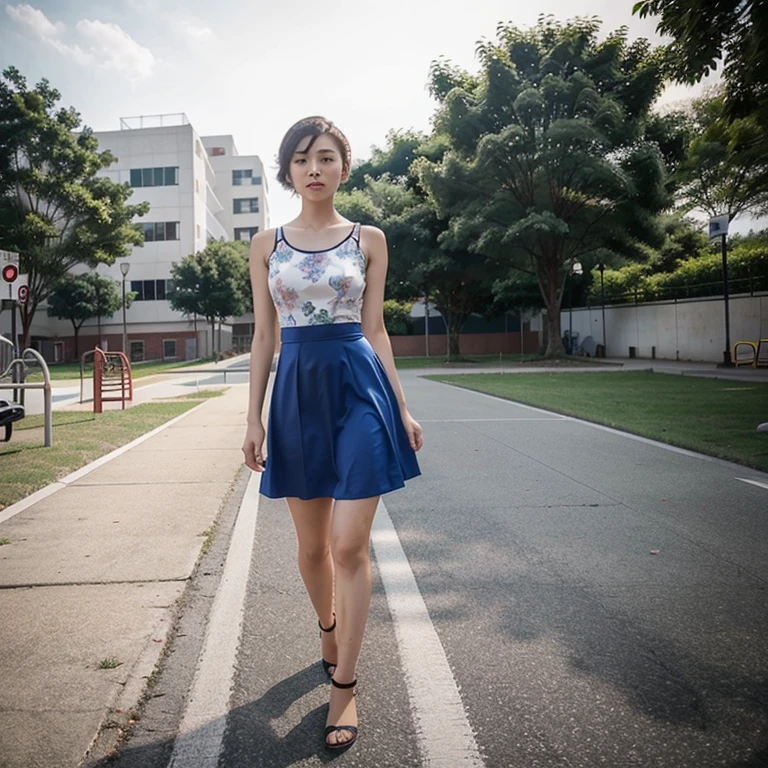 This is a full body photo of a single person,Taiwanese beauty with short hair walks on the playground on the high school campus,Wearing a sexy dress。Showing slim waist、Long legs and body curves。