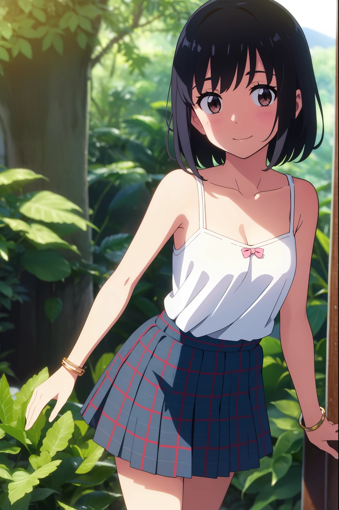 shinkai makoto, kimi no na wa., 1girl, 1boy, bangs, black hair, short hair, blush, brown eyes, camisole, dress, collarbone, skirt, plaid skirt, bare shoulders, bare-legged, bracelet, cute, beautiful, shinny skin, looking at viewer, smile, Rainforest background, in the forest, upper-body