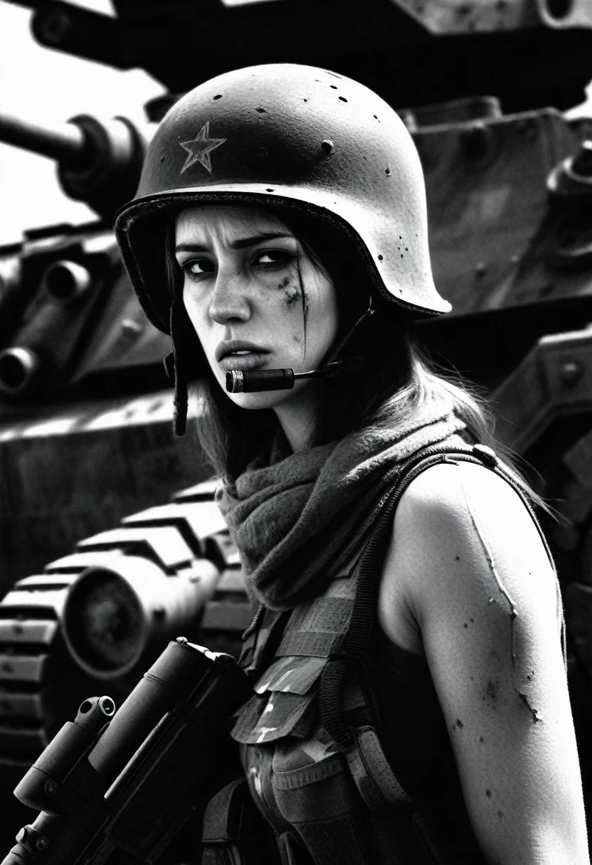 high contrast, grainy pictures, (a portrait of woman with a war helmet, an old tank in ruins,a smoking battlefield, sad face, wringkle, illustration,dark atmosphere,details of ruins,masterpiece:1.2,ultra-detailed,realistic:1.37,black and white,contrast lighting, award winning pictures