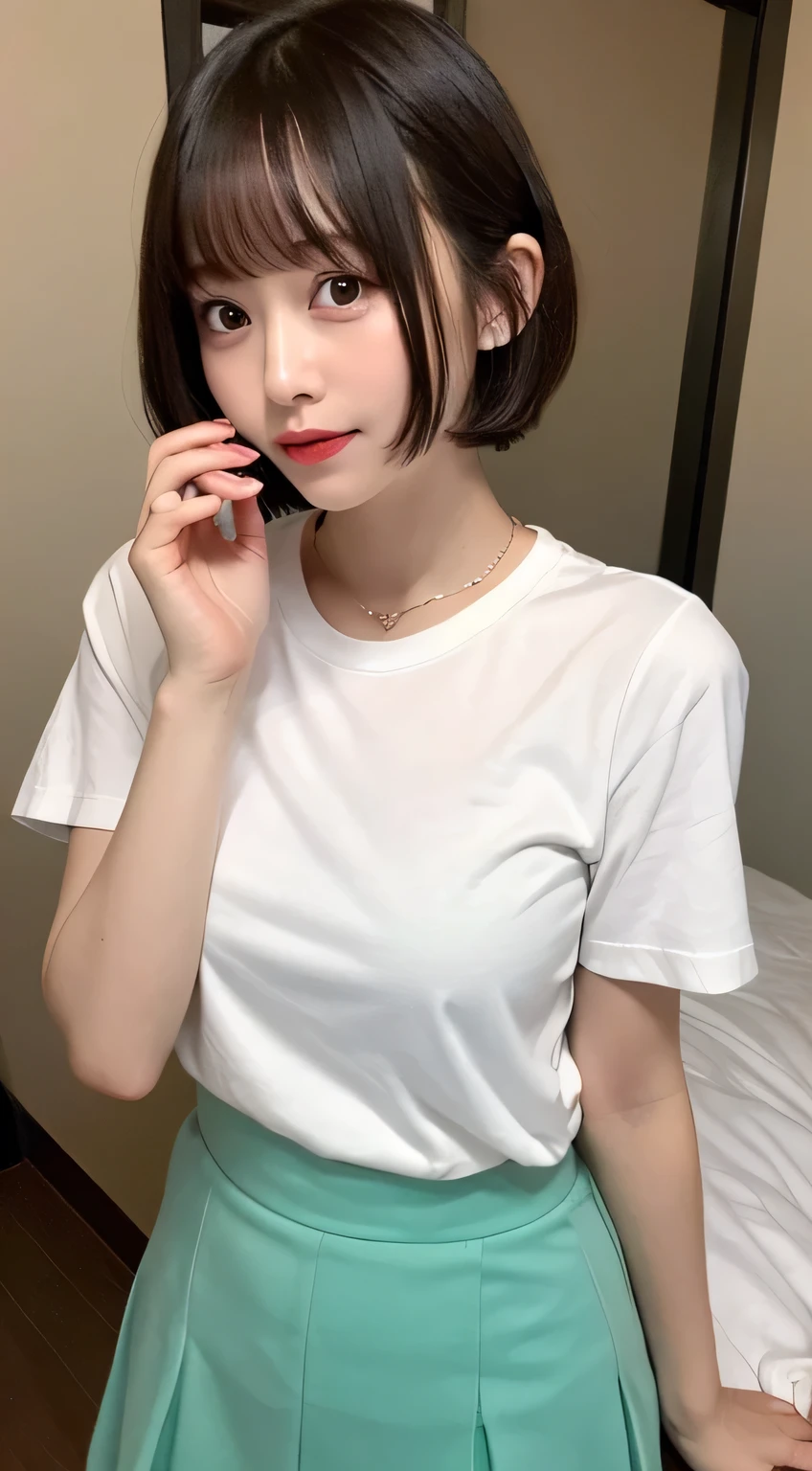 White tight shirt、mini skirt、I can see your pants、bed、Embarrassed face、Short sleeve、Short hair with bangs