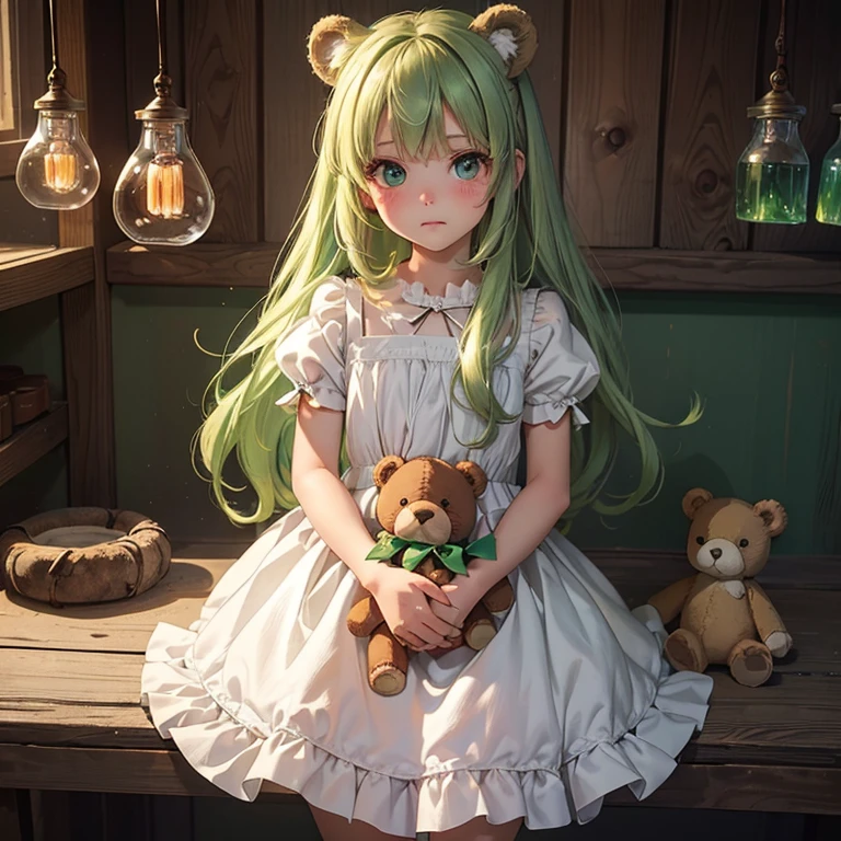 Original character,8K,Artwork,best quality,detailed,Beautiful detailed Eyes,Alone),((1 girl,4 years old)),((Small body)),Little white dress,green hair,long hair,eyes green,,alone,cute,shy face,blush,cowboy shot,(Standin in a biological laboratory holding a brown teddy bear)