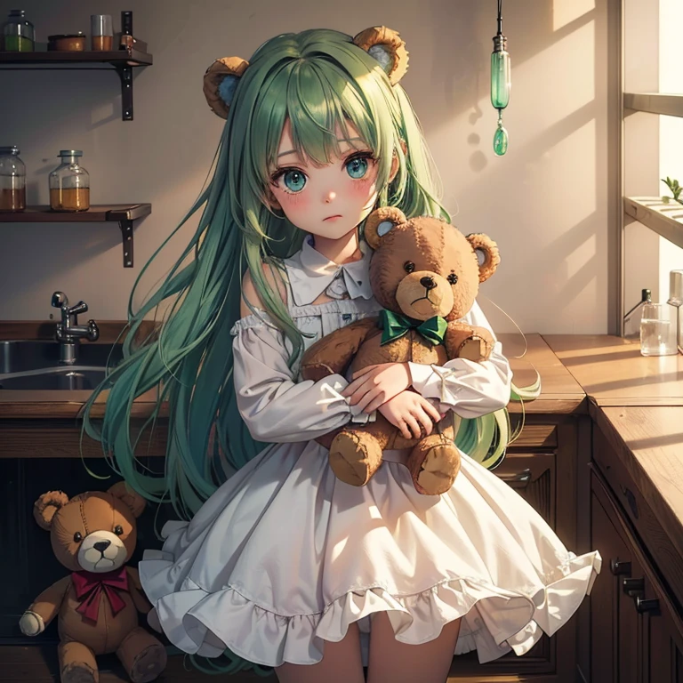 Original character,8K,Artwork,best quality,detailed,Beautiful detailed Eyes,Alone),((1 girl,4 years old)),((Small body)),Little white dress,green hair,long hair,eyes green,,alone,cute,shy face,blush,cowboy shot,(Standin in a biological laboratory holding a brown teddy bear)