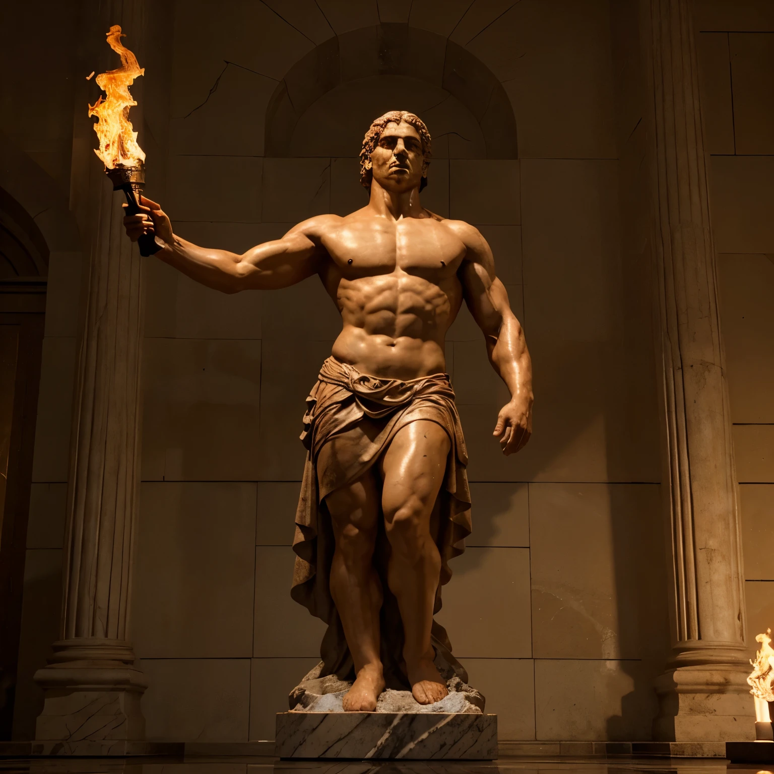 Create a realistic image of a burly marble statue of Prometheus in Roman robes holding a flaming torch in an epic pose in high definition. Con fondo oscuro 