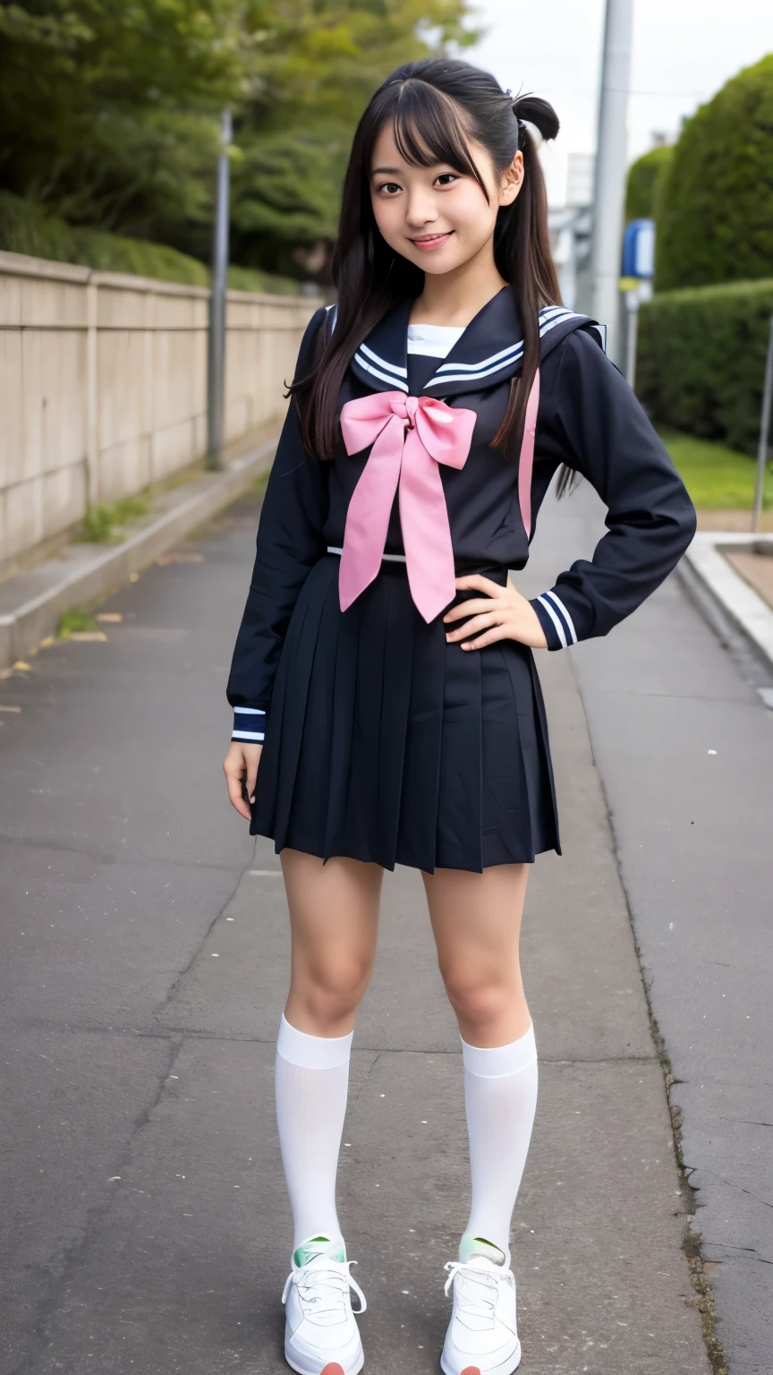 (Japanese student sailor uniform)、Front facing、Asian Woman, sneakers、stand up、upright、young asian girl, Portrait of a Japan teenager, かわいいYoung girl, Zola々Girls' Lion Japan, Young and pretty girl, Girl cute beautiful face, Young girl, Young and pretty Asian face, Beautiful girl, Gorgeous young model, Chiho, Long haired asian girl、With bangs