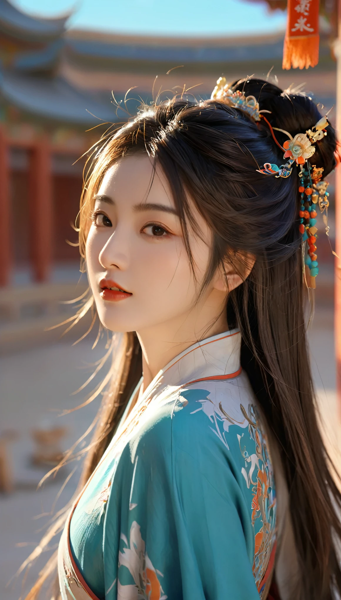 (original photo, best quality), (Practical, photo-Practical:1.3),best quality,Very detailed,masterpiece,Extremely detailed,illustration,1 Girl,superior_Body,Dynamic Angle,world masterpiece theater,messy_long_hair,best quality,Extremely detailed CG unity 8k wallpaper,ink,Astonishing,movie lighting,lens_Flare, Dunhuang_style