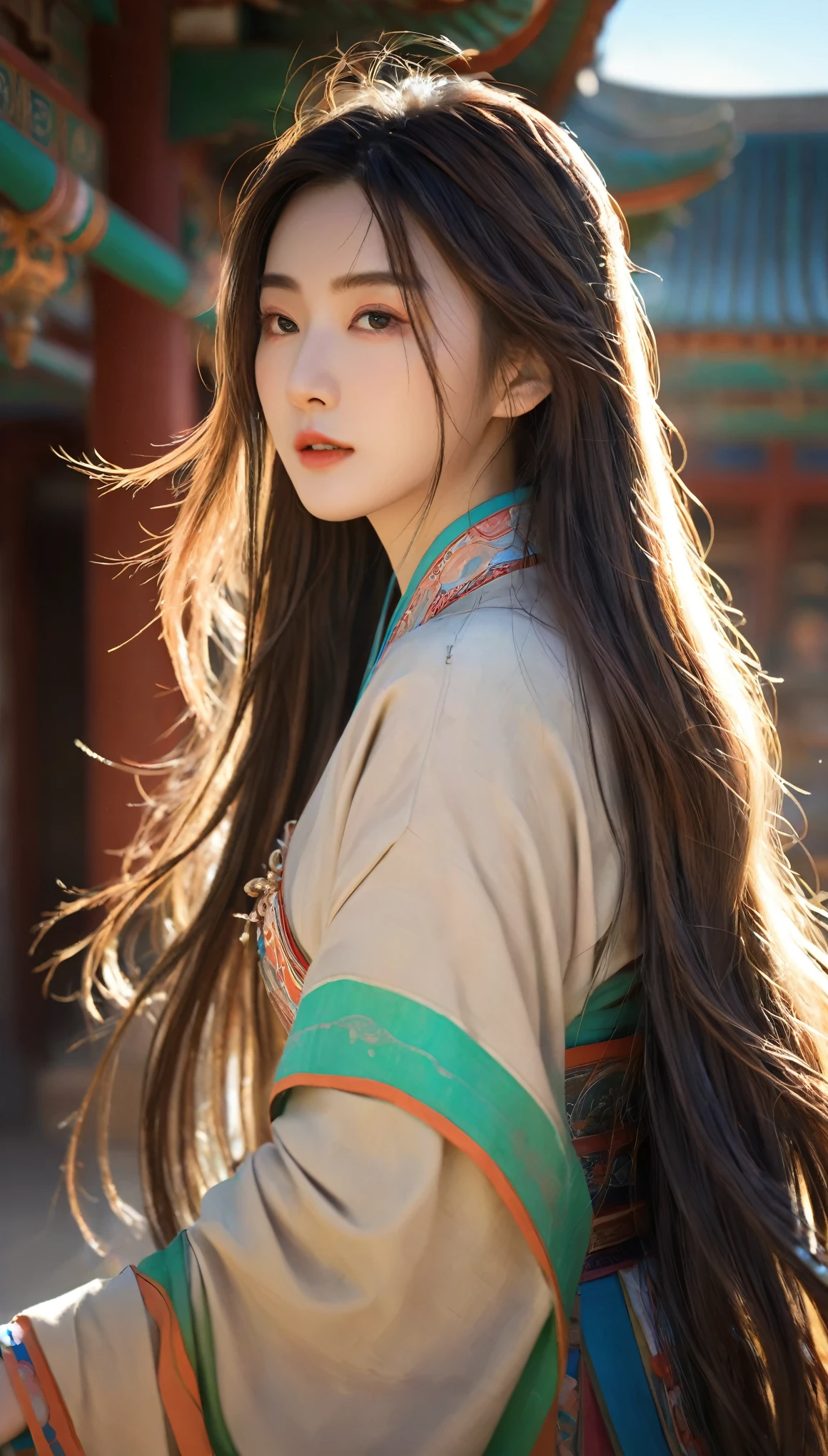 (original photo, best quality), (Practical, photo-Practical:1.3),best quality,Very detailed,masterpiece,Extremely detailed,illustration,1 Girl,superior_Body,Dynamic Angle,world masterpiece theater,messy_long_hair,best quality,Extremely detailed CG unity 8k wallpaper,ink,Astonishing,movie lighting,lens_Flare, Dunhuang_style