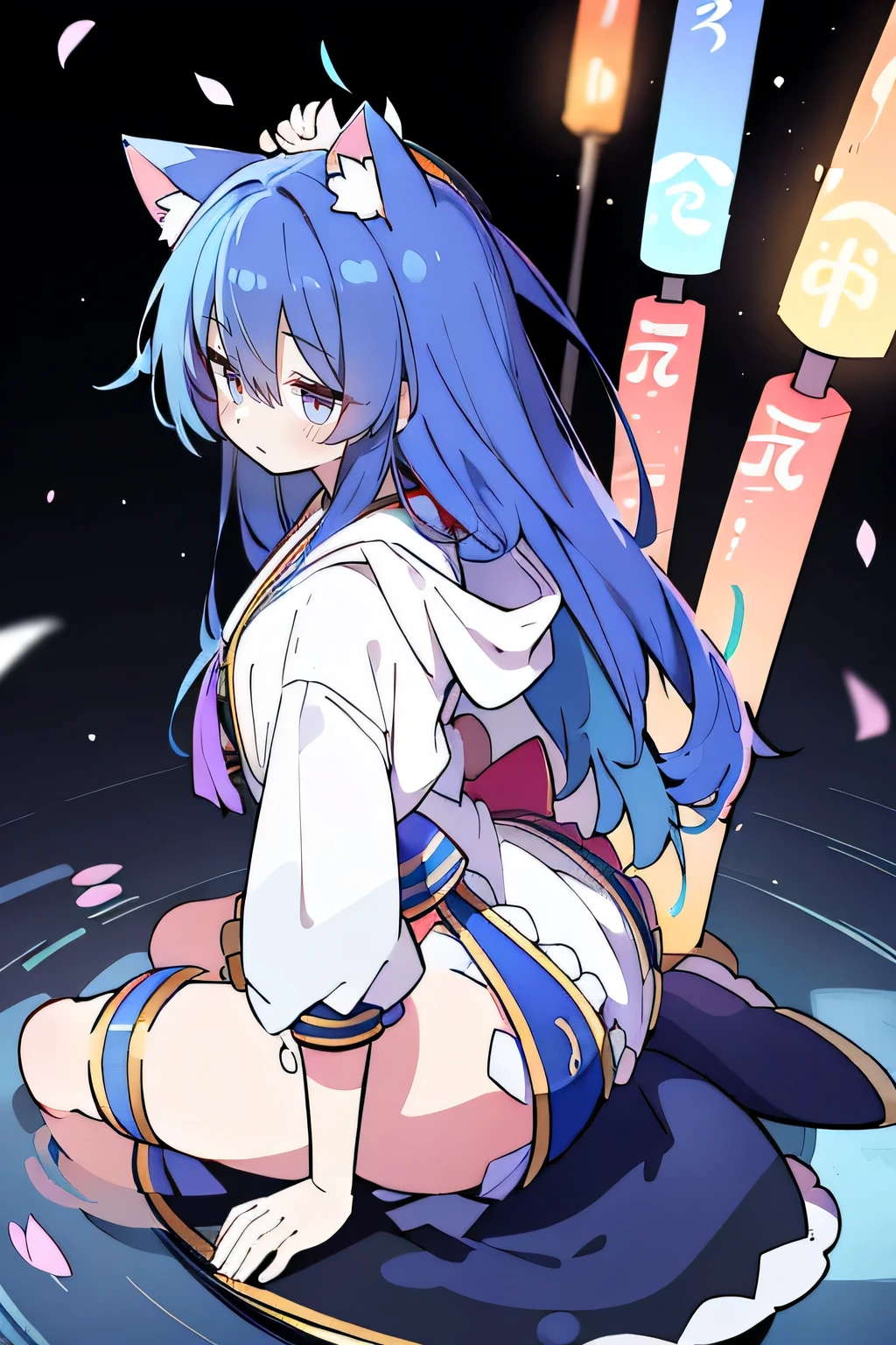 （masterpiece：1.2），Super detailed，lifelike，Expressive eyes，fair skin，perfect face shape，1 girl，
Japanese comics,Gorgeous blue hair,flowing blue hair,flowing clothes,Cat ears,Petals fall,beautiful lola,Baby Angel,
Shaking head with one hand，Cross your legs，Gentle and peaceful background，The pavilion is cool and comfortable,smile, wearing hoodie, background of tokyo,back views,snowing, winter.