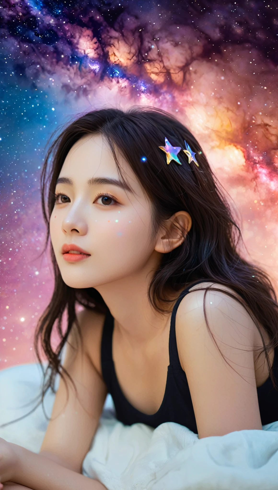 High detail, super detail, super high resolution, girl enjoying her time in the dream galaxy, surrounded by stars, warm light sprinkled on her, background is starry sky with colorful galaxies and galaxy clouds, stars flying around her, delicate face, adding playful atmosphere ,