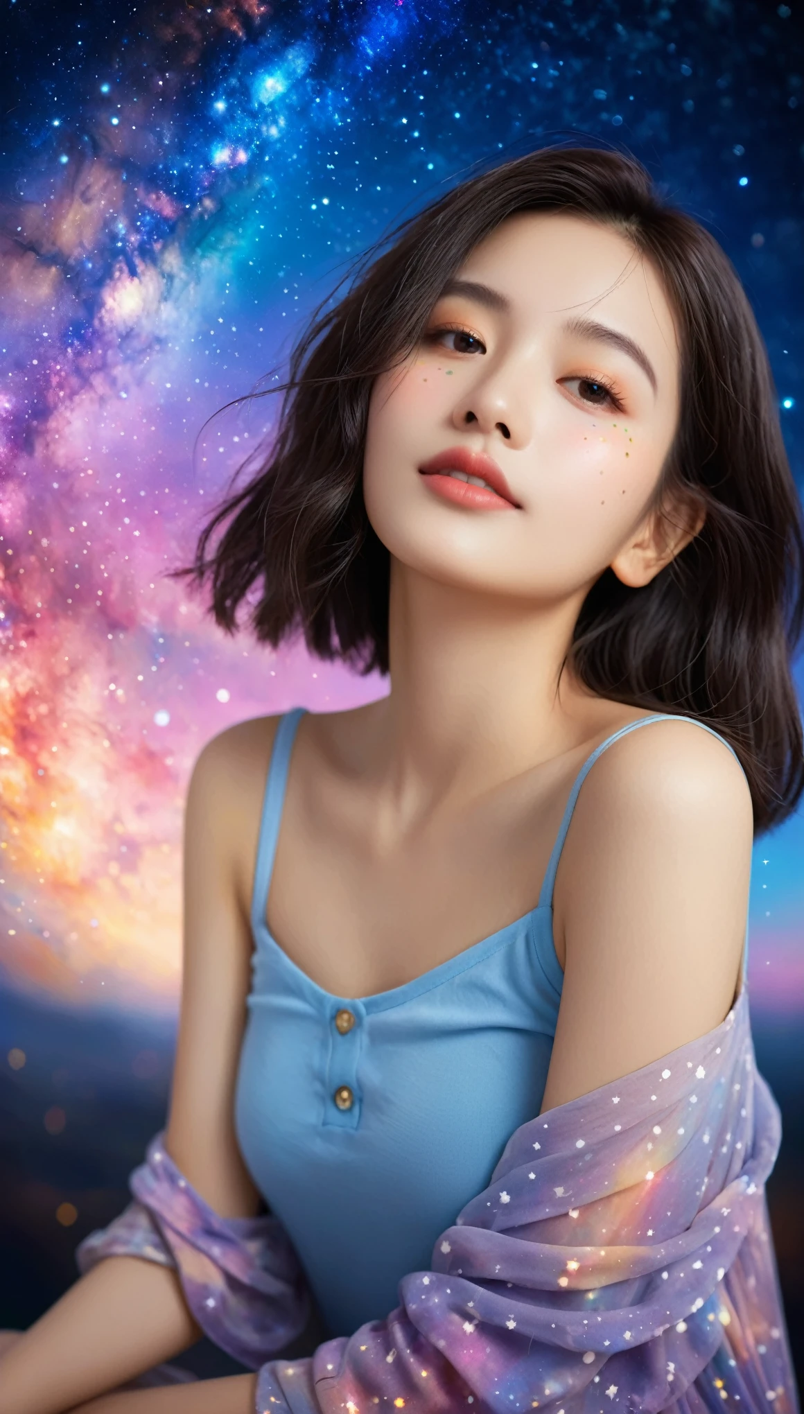 High detail, super detail, super high resolution, girl enjoying her time in the dream galaxy, surrounded by stars, warm light sprinkled on her, background is starry sky with colorful galaxies and galaxy clouds, stars flying around her, delicate face, adding playful atmosphere ,