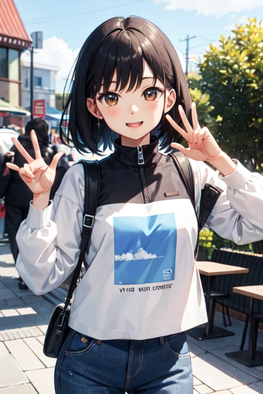 ((highest quality)), ((masterpiece)), (detailed), Perfect Face 1. Appearance:
• Wears casual and stylish clothing。
• Cafes, parks, etc.、リラックスした雰囲気のbackgroundがあります。
2. Features:
• A bright and lively face。
• 元気いっぱいの目と笑顔がFeatures的です。
• Friendly and welcoming atmosphere。
3. Pause:
• • Waving、They are making V signs.。
4. background:
• Cafes, parks, etc.、リラックスした雰囲気のbackgroundがあります。
• Bright and warm atmosphere。
5. others:
• It would be nice to have some props that represent Yui's hobbies and special skills.(example:camera、Book、Coffee cups etc.)。
Use this prompt to、Try generating a character image based on the bright and cheerful image of Yui.。
