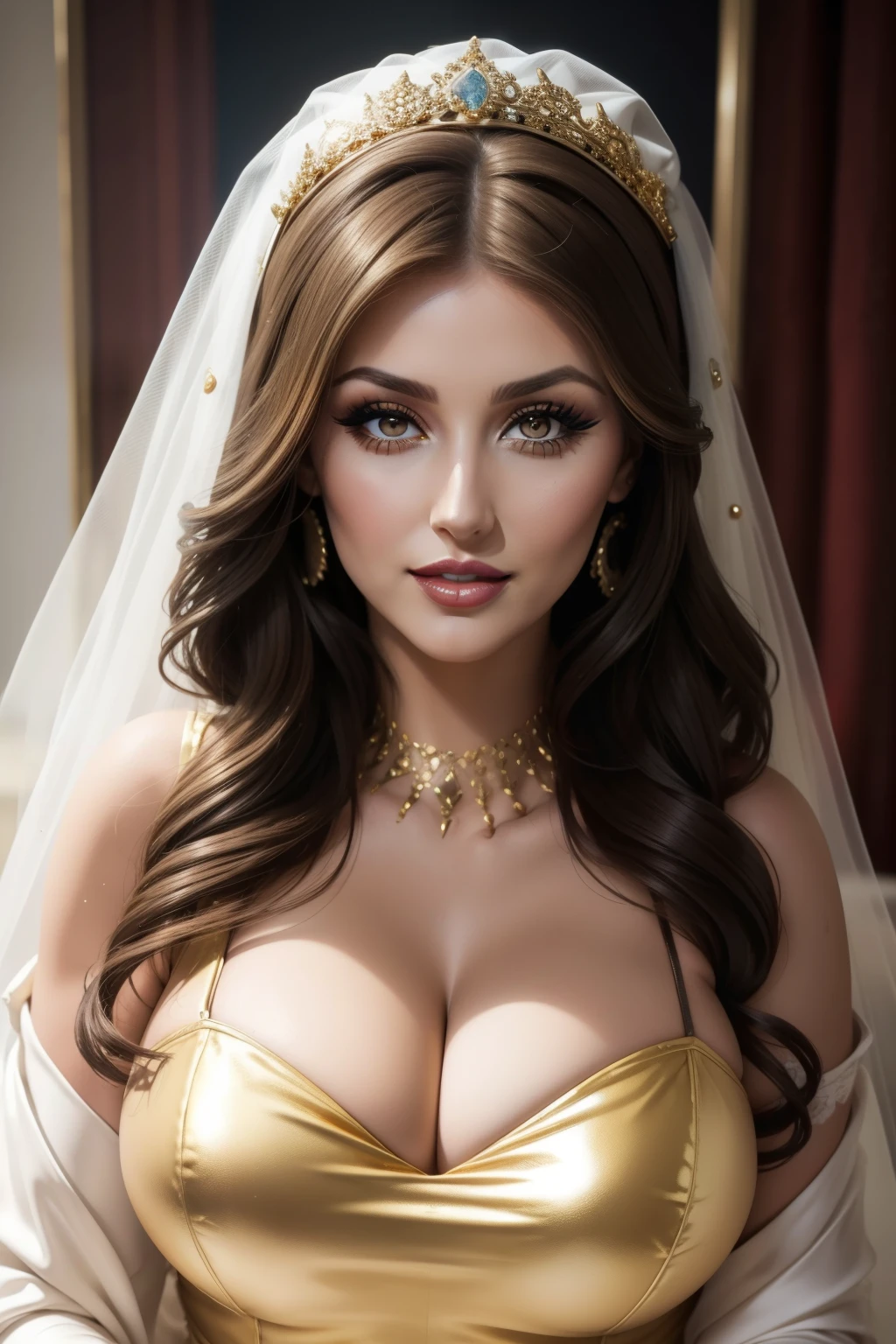 LUCY PINDER, ((very intense makeup)), brilliant lipstick, smiling, bride, gold lipstick, white dress, voluptuous