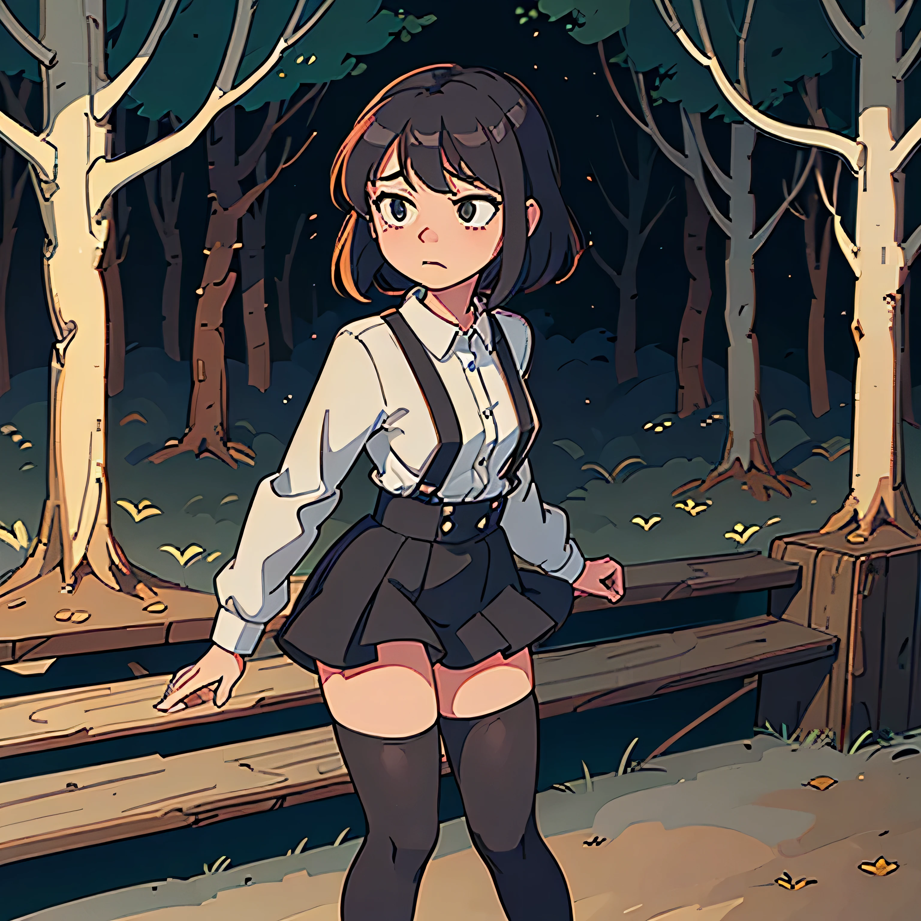 an comic image of the forest with cute kinky woman with (no pants and no skirt) is on the scrap wooden stairs. (no panties), full-length black tights, The scene is set in a softly lit, masterpiece quality, sensuality, upset expression