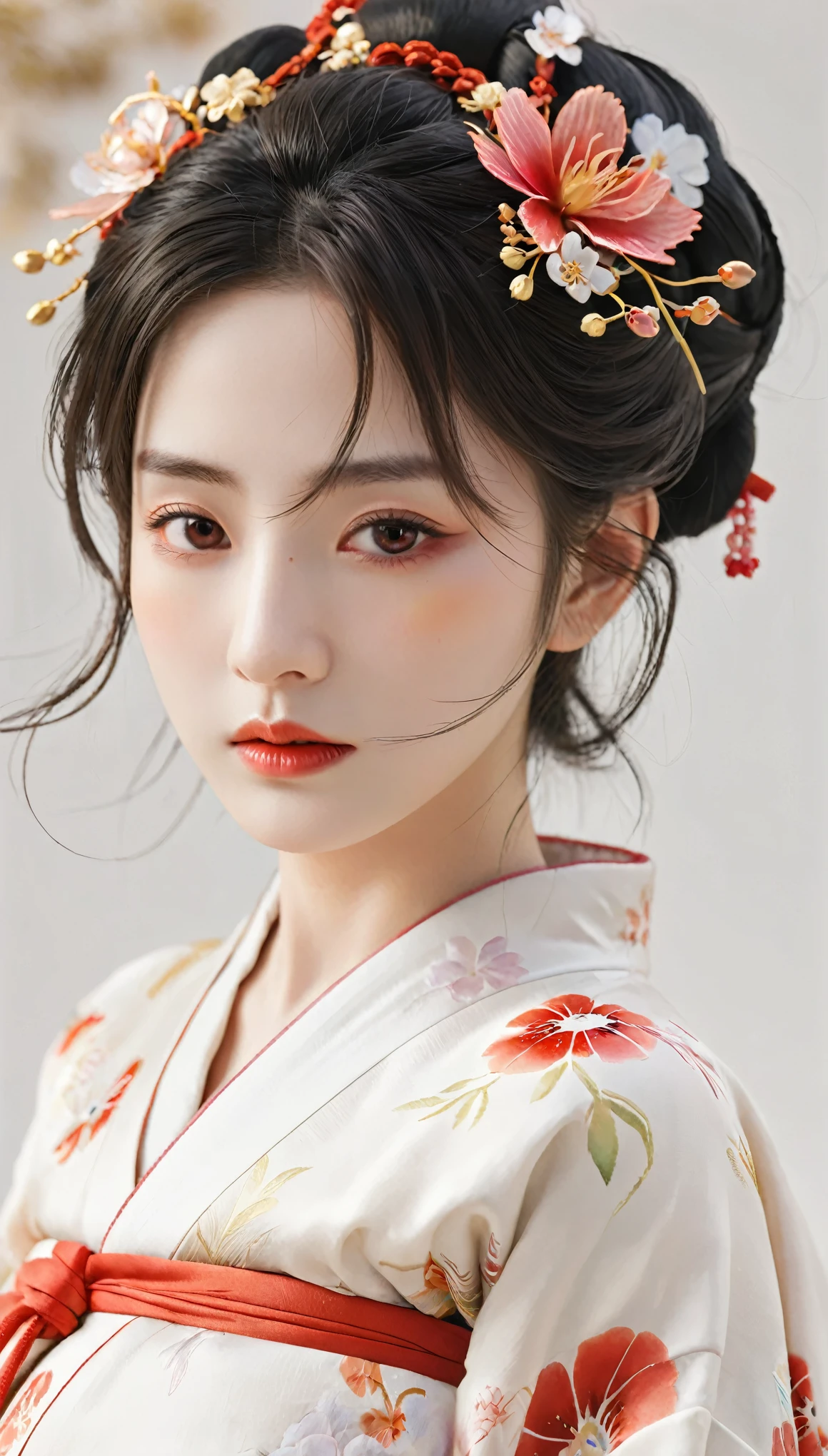 (masterpiece:1.2, best quality), (Exquisite eyes: 1.2), ((1 Girl)), ((Solitary)), (Red Eyes:1.4), (Exquisite eyes and exquisite face:1.3), ( Beautiful clear background: 1.2), (Extremely detailed CG, Super detailed, Best shadow: 1.1), ((Depth of Field)), ((watercolor)), (They: 1.5), (kimono: 1.3), Big  , Bare shoulders, flowers and petals, Beautiful concept art, (White background: 0.5), (illustration: 1.1), (Extremely subtle: 1.1), (Perfect details: 1.1), contour, Cowboy shooting,