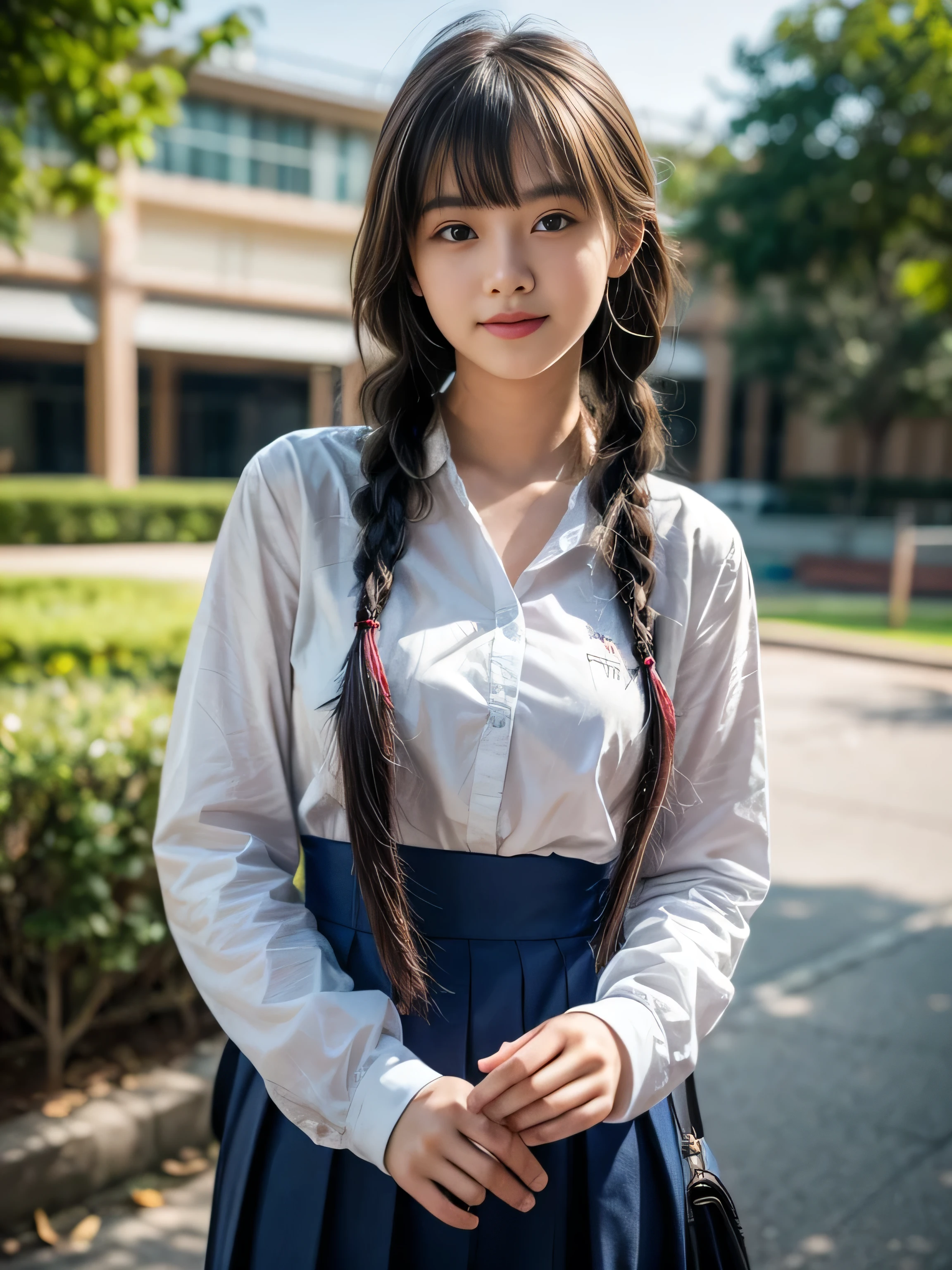 19 years old child, twin braids, bangs, Thailand high school uniform, white long sleeve shirt and dark blue dress, big round breast, hold a school bag, (happy:1.3), (photorealistic:1.2), (ultra realistic:1.3), (very detailed:1.1), ((masterpiece)), depth of field, pov, close up, school.