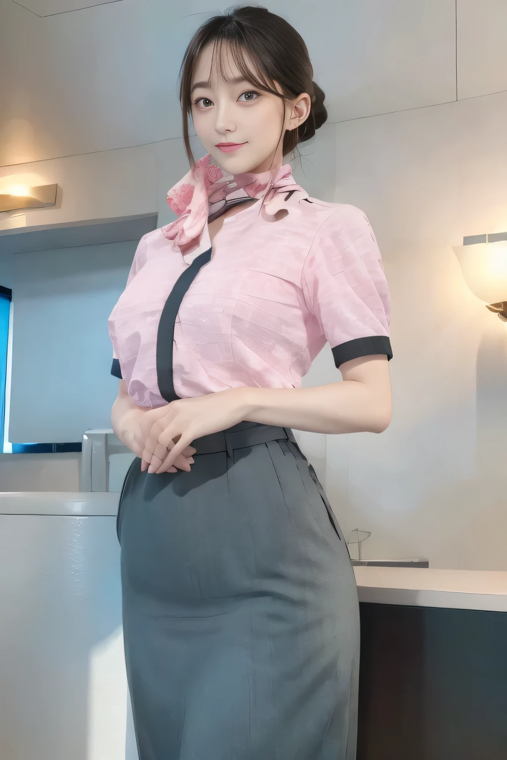 masterpiece:1.2、highest quality:1.2)、32K HDR、High resolution、(alone、1 girl、Slim figure)、（Realistic style wearing the ANA cabincrew uniform）、 (At the airport counter, Professional Lighting)、A proper woman, Beautiful Face,、（ANA cabincrew uniform）、（Short sleeve pink blouse）、（Scarf around the neck）、Big Breasts、（Long hair updo、Chignon）、Dark brown hair、Long Shot、（（Fine hand：2.0））、（（Harmonious body proportions：1.5））、（（Normal limbs：2.0））、（（Normal finger：2.0））、（（Delicate eyes：2.0））、（（Normal eyes：2.0））)、Beautiful standing posture、smile