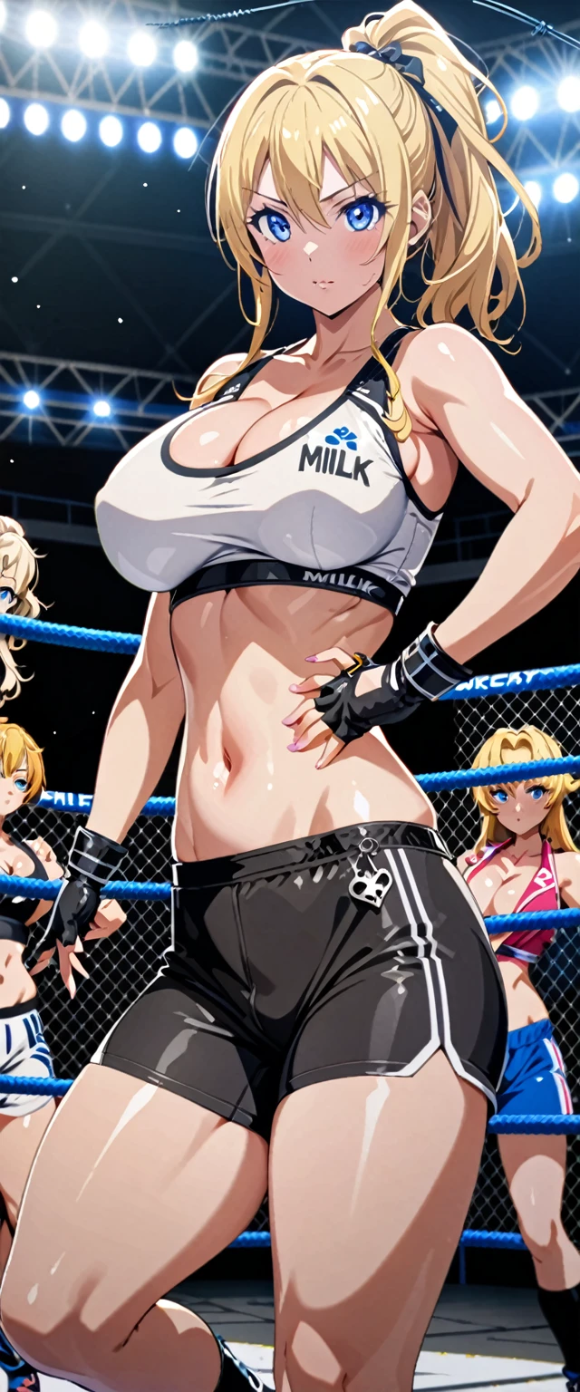 ((masterpiece)), ((high quality)), ((super detailed)), ((high resolution)) ,((8k)), a beautiful woman, ((She is one of the most famous female Gravure idol in the world.)), unparalleled beauty, ((huge breast)), ((large ass)), ((deep cleavage)), slim waist, chest out, ultra detailed face, perfect skin, (((Half-up hairstyle, Blonde Ponytail hair))), blue eyes,  detailed eyes, whole body image, (((anime))), ((glamorous)), 24 years old, ((incredibly beautiful woman)), ((The H cup bust)),  (((Sports Bra, Sports shorts, Wrestler Costumes))),  ((beautiful breasts)), beautiful legs, 8 life size, anime, the most beautiful and strongest, ((charm)), ((Half Japanese and half British)), ((Grown-up face)), ((Open Finger Gloves, Five fingers)),  (((Women's mixed martial arts,  A fighting arena surrounded by wire mesh))), ((Ring name: Milk Tank)), ((Throwing Specialist)), ((Gravure idol and martial artist)),