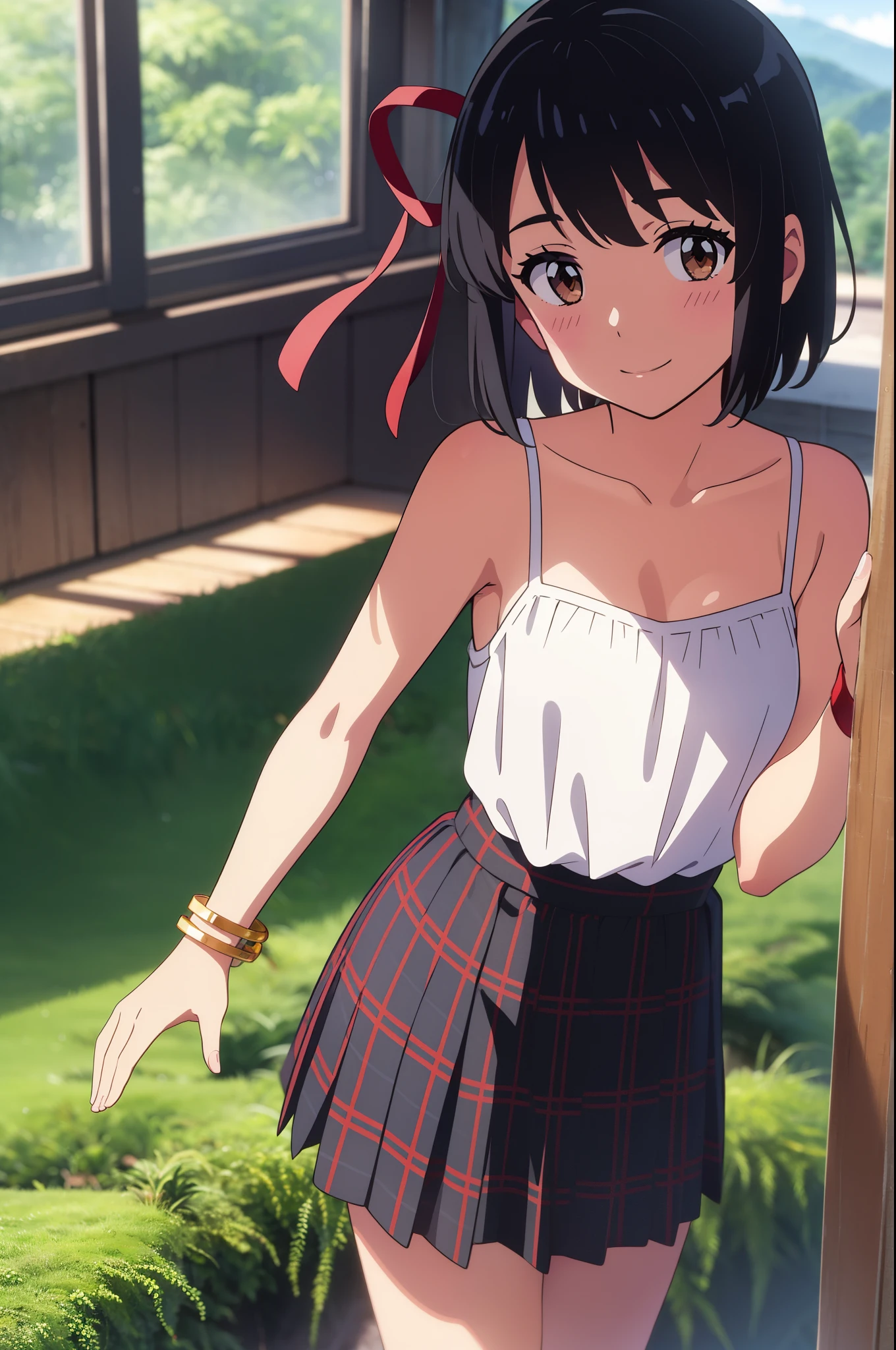 shinkai makoto, kimi no na wa., 1girl, 1boy, bangs, black hair, short hair, blush, brown eyes, camisole, dress, collarbone, red headband, red ribbon, skirt, plaid skirt, bare shoulders, bare-legged, bracelet, cute, beautiful, shinny skin, looking at viewer, smile, Rainforest background, in the forest, upper-body