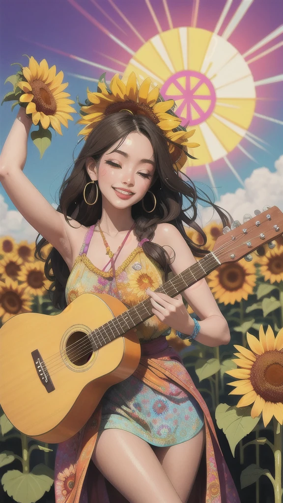 flower power music festival, hippy playing acoustic guitar in a field, 1968, (candid photograph, film grain, 35mm, ISO200, f/1.8:0.7), vibrant colors, ethereal atmosphere, bohemian fashion, dreamy haze, sun-kissed skin, sunflowers, peace sign, tie-dye shirts, flowing dresses, swirling patterns, free-spirited energy, barefoot dancing, psychedelic backdrop, retro vibes, carefree laughter, love and peace, incense scent, harmonious melodies, transcendental experience.