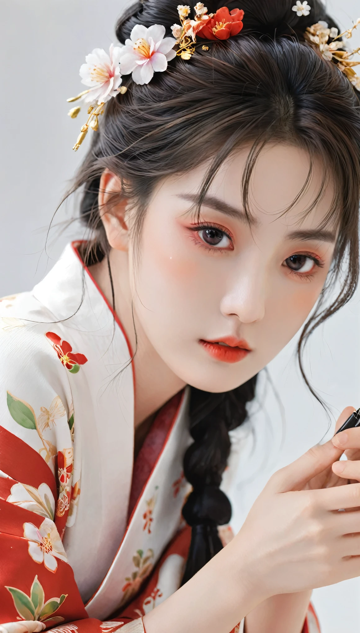 (masterpiece:1.2, best quality), (Exquisite eyes: 1.2), ((1 Girl)), ((Solitary)), (Red Eyes:1.4), (Exquisite eyes and exquisite face:1.3), ( Beautiful clear background: 1.2), (Extremely detailed CG, Super detailed, Best shadow: 1.1), ((Depth of Field)), ((watercolor)), (They: 1.5), (kimono: 1.3), Big  , Bare shoulders, flowers and petals, Beautiful concept art, (White background: 0.5), (illustration: 1.1), (Extremely subtle: 1.1), (Perfect details: 1.1), contour, Cowboy shooting,