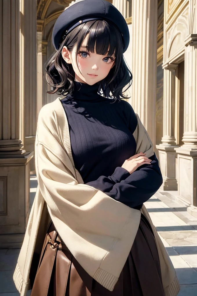 (masterpiece, best quality:1.1),popart style,flat color,({Mia},1girl,japanese,tween,beautiful detailed face,(navy hair-color),((wavy-short hair)),parallel eyebrows,navy eyes with large brown irises,blunt bangs,small nose, fresh lips,small breasts,(5feet tall)), enjoy trip,(Chateau de Versailles),France, beautiful detailed scenery,very happy,smile,BREAK Cropped cashmere turtleneck,twill trousers,upcycled wool beret,dynamic angle,photographic portrait, sharp,