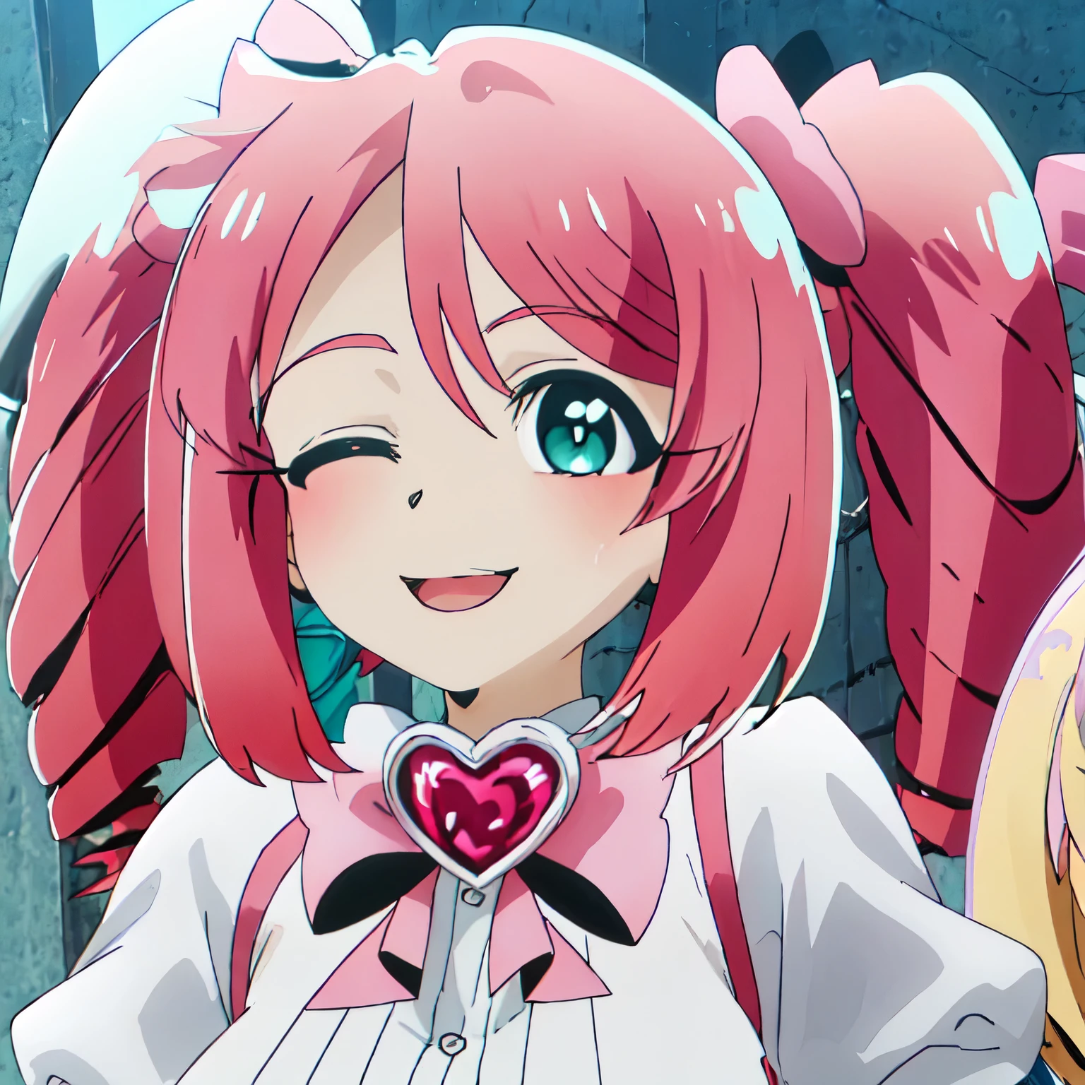 best quality, masterpiece, highres, solo, {haruka_hanabishi_mahoushoujoniakogarete:0.90}, smile, happy, one_eye_closed, portrait, looking at viewer