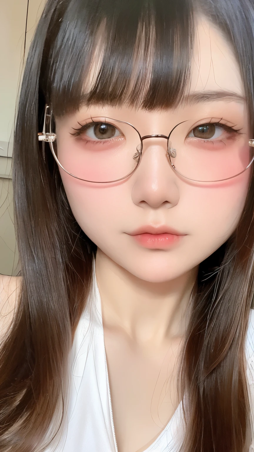 Beautiful and fair、Radiant Skin, 3 Up, Gorgeous, bright, Refreshing and gentle expression, Perfect beautiful face、Beautiful shiny bangs, A very beautiful girl, Eyeliner, Very perfect eyes,Very large breasts,Grooves reveal original skin,Muscular body,Light pink tights,Upper Body,Silver glasses