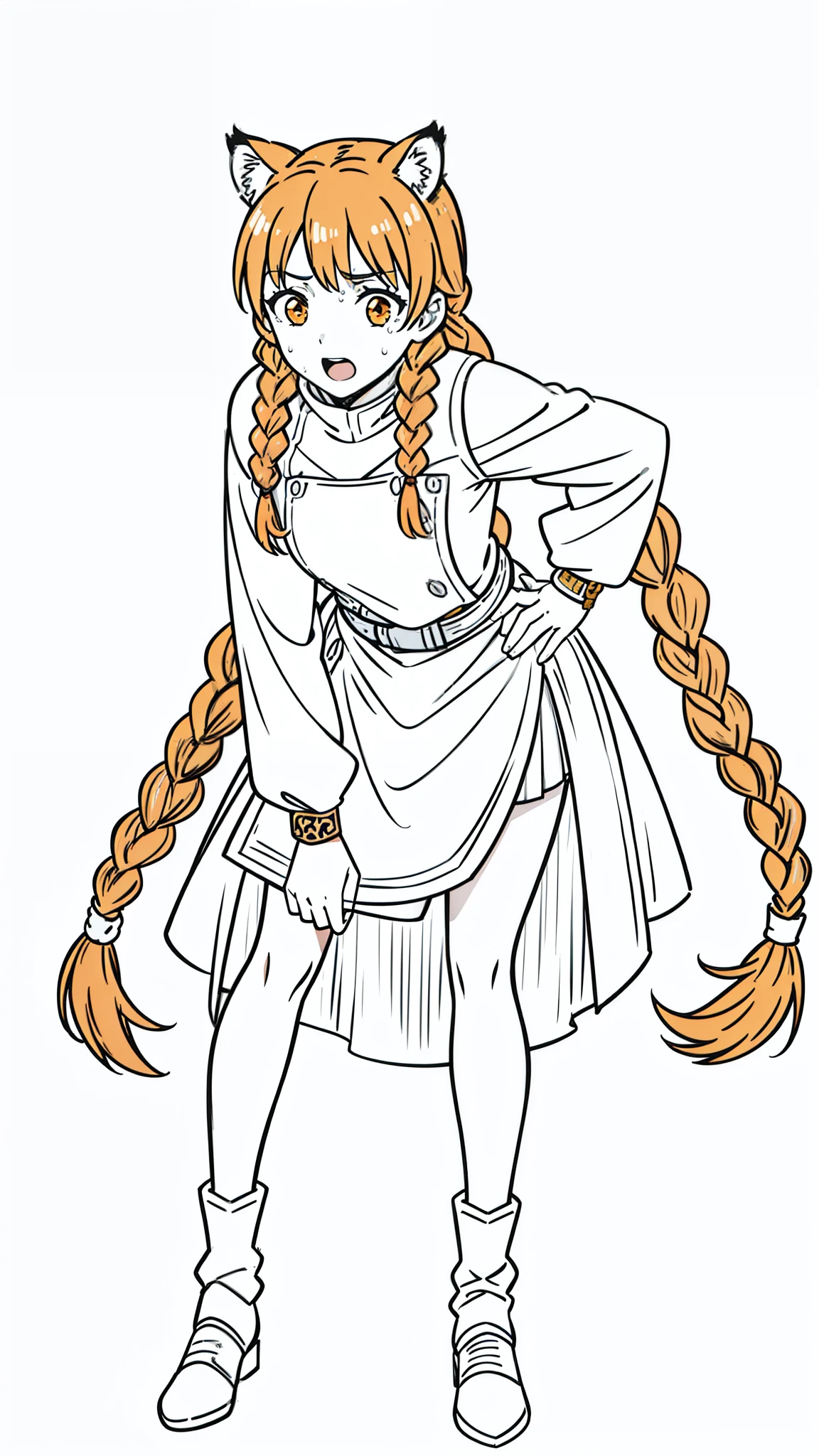 1girl,20 years old,mature female,tiger ears,long hair,(twin braids),orange hair,goltemplar knight outfit,cowboy shot,(white background,line drawing),leaning forward,from front,open mouth,sweat
