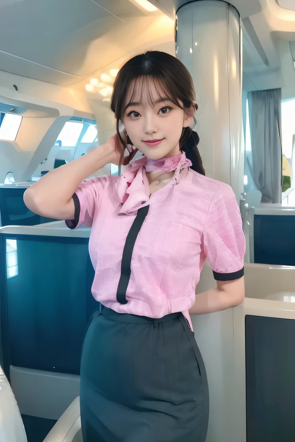 masterpiece:1.2、highest quality:1.2)、32K HDR、High resolution、(alone、1 girl、Slim figure)、（Realistic style wearing the ANA cabincrew uniform）、 (At the airport counter, Professional Lighting)、A proper woman, Beautiful Face,、（ANA cabincrew uniform）、（Short sleeve pink blouse）、（Scarf around the neck）、Big Breasts、（Long hair updo、Chignon）、Dark brown hair、Long Shot、（（Fine hand：2.0））、（（Harmonious body proportions：1.5））、（（Normal limbs：2.0））、（（Normal finger：2.0））、（（Delicate eyes：2.0））、（（Normal eyes：2.0））)、Beautiful standing posture、smile