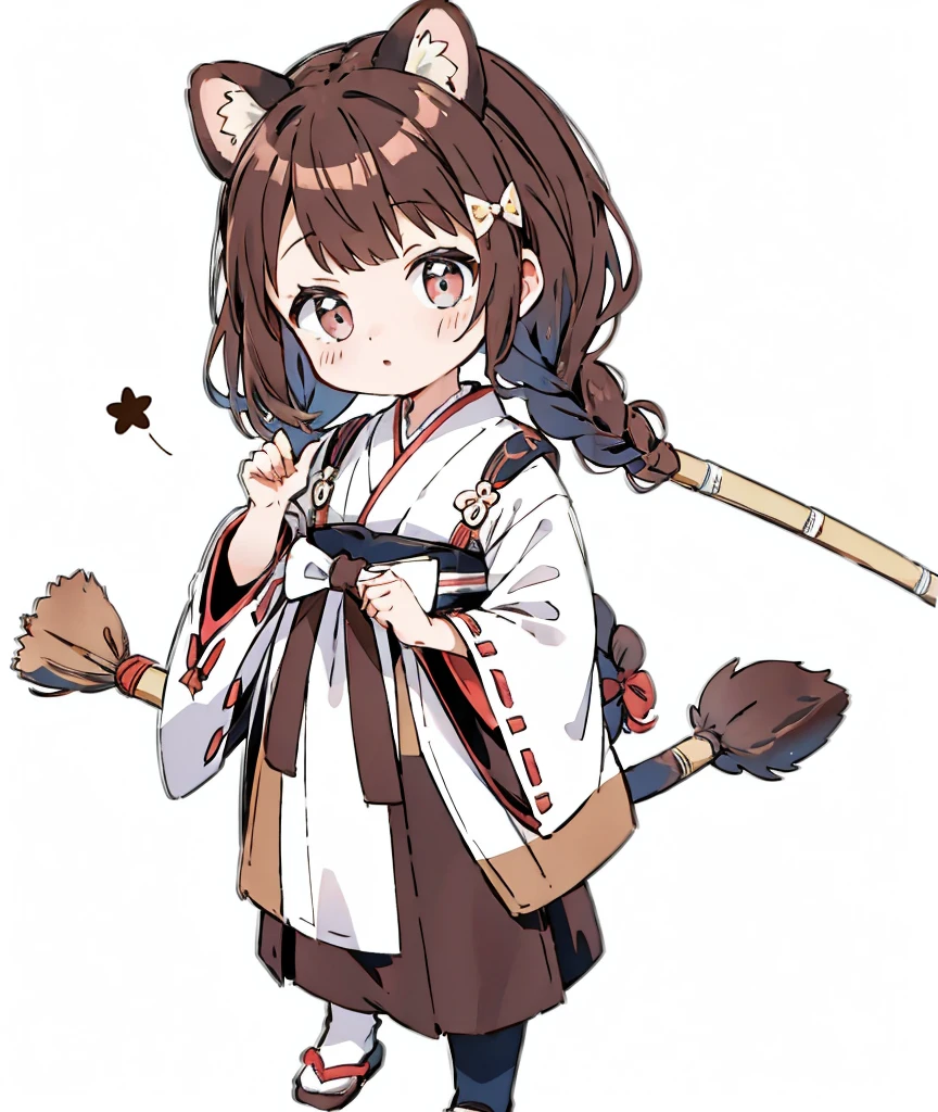 one girls。Cute s。Brown hair。Braids bow。brown raccoon ears。brown raccoon tail。A slight smil。see the beholder。Japan priestess costume。hold a long broom with both hands。The background is a Japanese bamboo forest.。