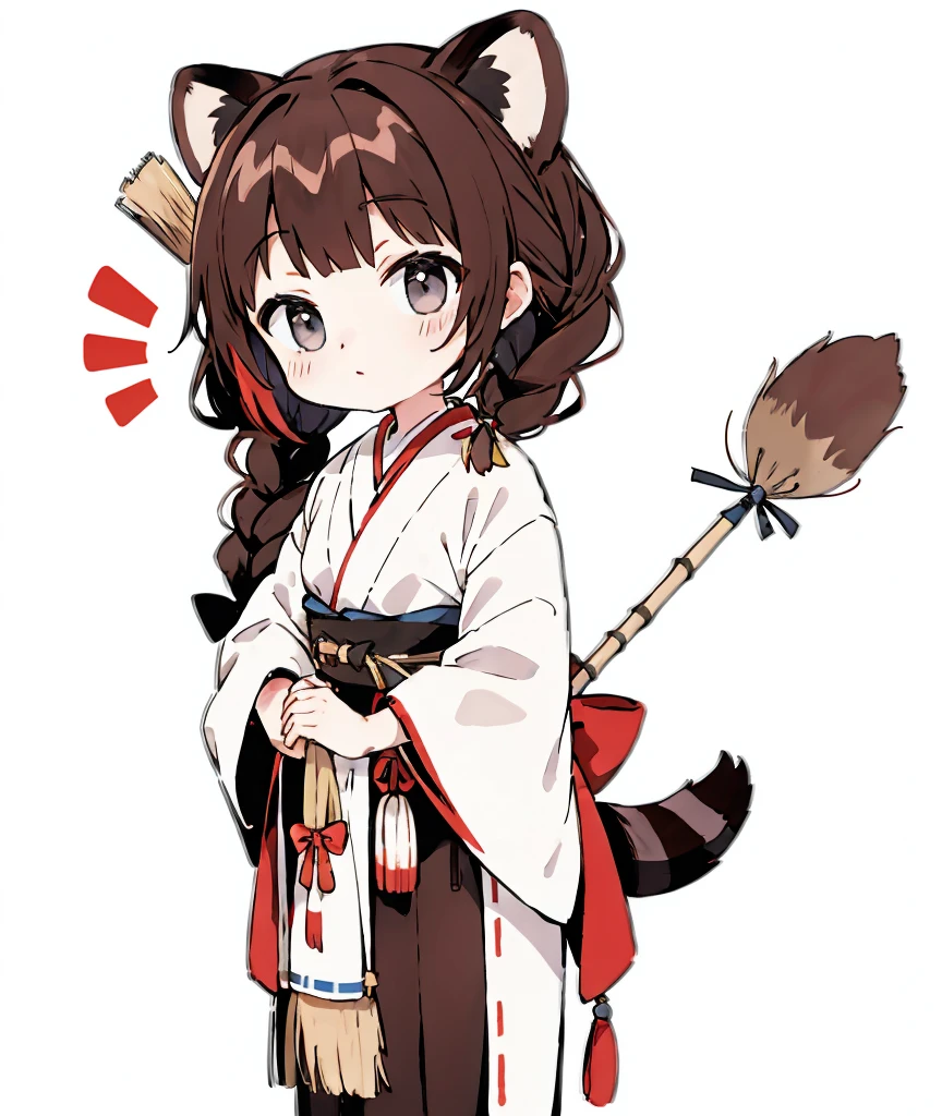 one girls。e litBrown hair。Braids bow。brown raccoon ears。brown raccoon tail。A slight smil。see the beholder。Japan priestess costume。hold a long broom with both hands。The background is a Japanese bamboo forest.。