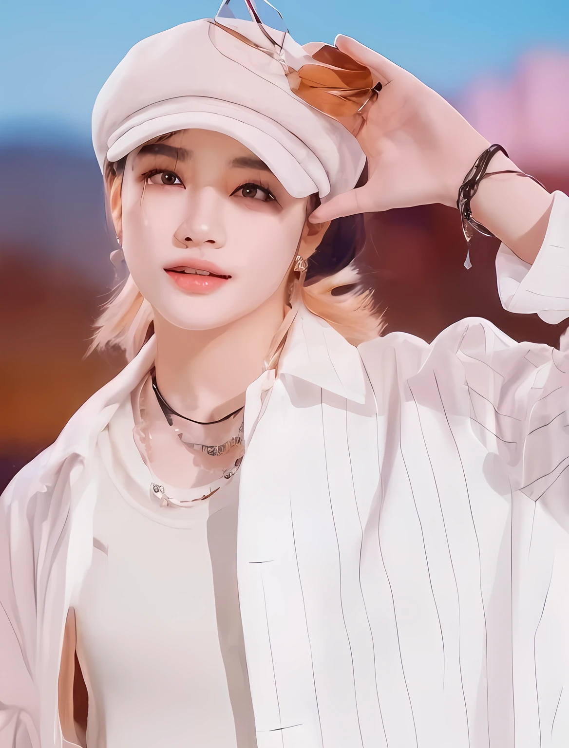 Belleza angelical, mujer con gorro, cabello rubio ondulado, ojos preciosos, mujer surcoreana, hwang hyunjin stray kids, stray kids HYUNJIN, angelical mujer