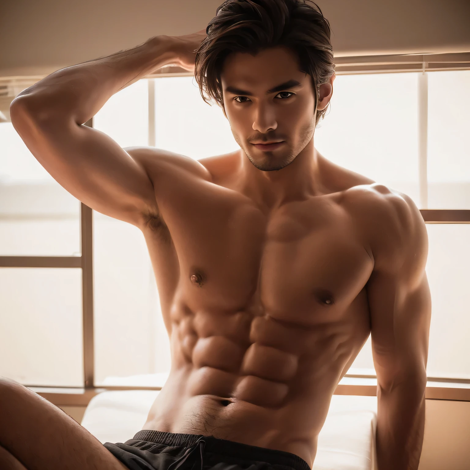 A shirtless man posing for a photograph