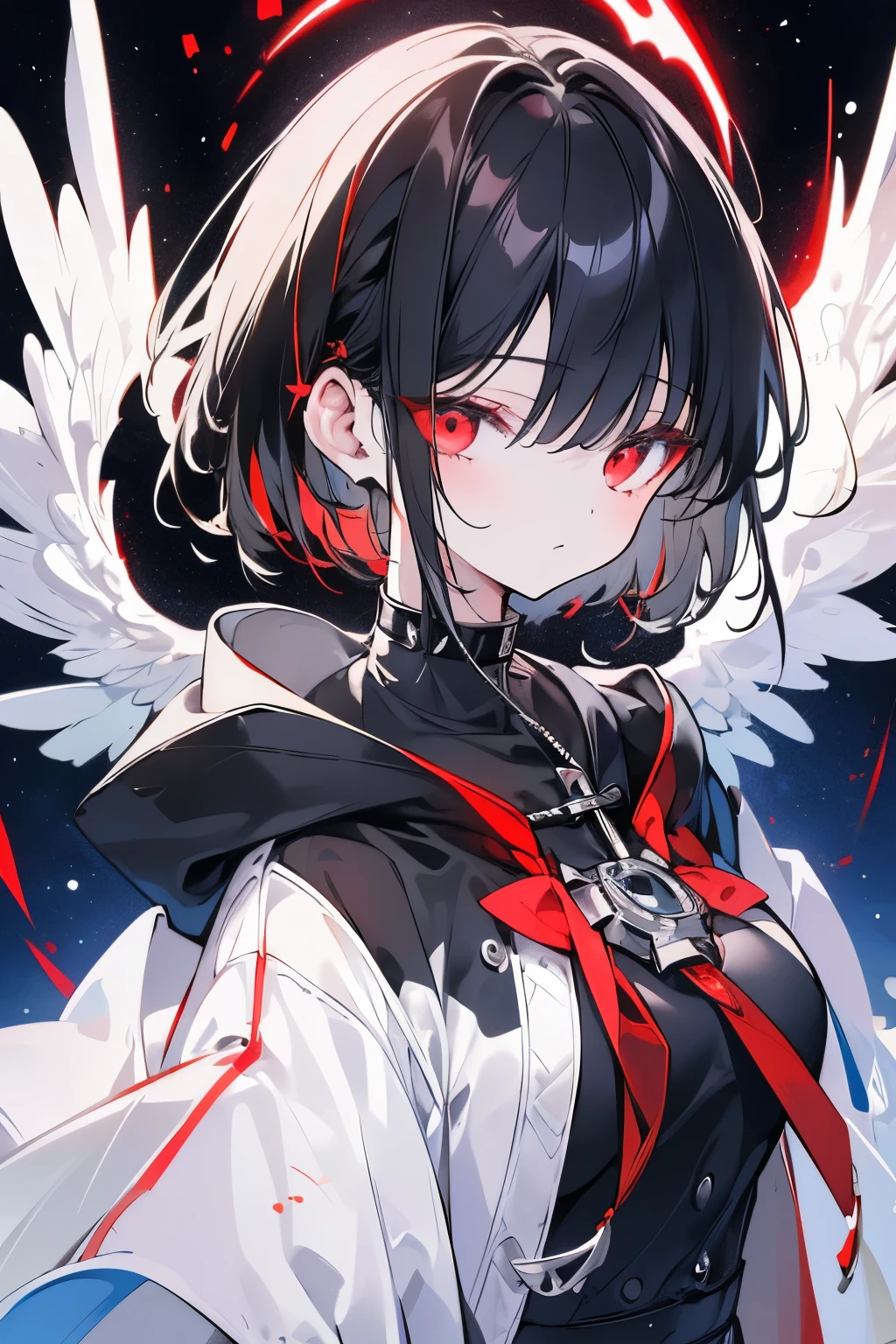 Gentle，(highres,8k,close-up,samdoesarts-style,black short hair,red eyes,detailed facial features,night sky with starry galaxy) high detail,8k,close-up,samdoesarts style,(((a woman with short black hair and red eyes))),((with detailed facial features)),the background is the starry night sky and the Milky Way,1girl,bishoujo,teenager,white_skin,shiny_skin,glamor,plump,slender face,air bangs,short hair,black hair,red eyes,half-closed eyes,black_wings,hoodie,full_shot,(sunlight),(angel),dynamic angle, floating, wing, halo, floating white silk,(Holy Light),silver stars,