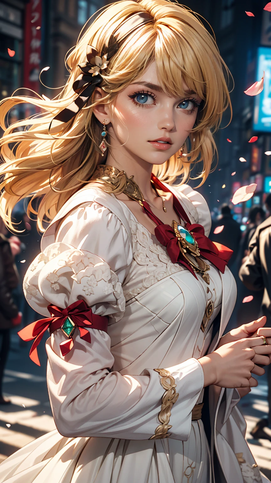 (Dynamic Angle:1.3),Extreme close up,the wind is strong,映画ofハイライト,1人of女of子,Upper Body,dancing,View Viewer, violet_Evergarden, alone, jewelry, blank eye,brooch, blonde_hair,( vevry long hair:1.2),floating hairlong_sleeve, ribbon, green_eye, Jacket, dress, gem, hair_ribbon,null, depth_of_Field, a close view of flying petal,