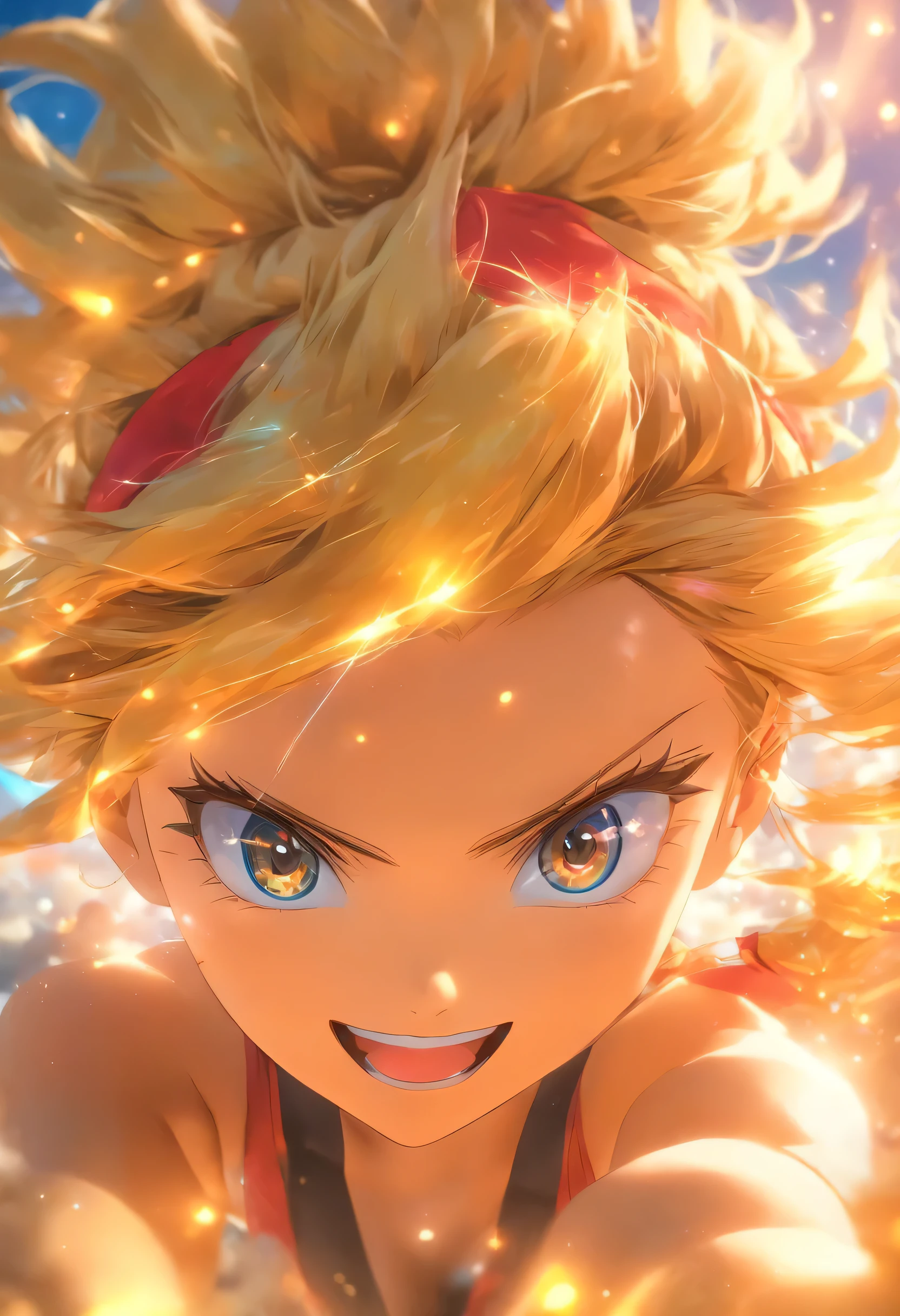 masterpiece, best quality, best quality, (Intricate detailed:1.2), beautiful eyes, 1girl, solo, outdoors, blue sky, cloudy, bokeh, lens flare, anamorphic lens flare, depth of field, seductive face, seductive smile, heanna_sumire, yellow hair, red headband, 