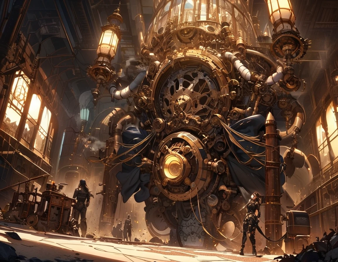 The queen of the mole people, a blue-skinned and gorgeous woman with mesmerizing doe eyes, has just driven her enormous and terrifying drilling machine into the lab, causing the floor to erupt. She is wearing a digger suit, which she now starts to take off. The steam punk-inspired scene is filled with intricate details, showcasing the blending of retro-futuristic elements and Victorian aesthetics. The drilling machine, covered in gears and pipes, exudes an aura of power and mechanical complexity. It emits plumes of steam and releases bursts of sparks as it pierces through the ground, leaving a trail of destruction in its wake. The machine's exterior is encrusted with rivets and adorned with elaborate engravings, reflecting the artistry of its construction. Surrounding the scene, the lab is a chaotic mess. Shattered glass and debris litter the floor, revealing hidden tunnels and secret passages leading to the mole people's underground kingdom. The walls are adorned with vintage scientific apparatus and steampunk-inspired machinery, with flickering gas lamps casting a dim but warm glow across the room. As the queen emerges from the machine, her blue skin glows with an ethereal radiance. Her eyes, captivating and full of depth, seem to hold a sense of mystery. Her lush, curled lashes frame her eyes, accentuating their beauty. The queen's dark, flowing hair cascades down her back, partially covering her backless corset and intricate leather attire. In the background, a group of mole people, with their pale and grubby skin, are gathered around in awe and reverence at their queen's entrance. They wear tattered clothing adorned with gears, goggles, and other steam punk accessories. Some wield primitive but intriguing underground weapons, ready to defend their queen and their homeland. The color palette of the scene reflects the steampunk aesthetic - a combination of warm earthy tones, brass tones, and deep blues. The lighting, characterized by the flickering gas lamps