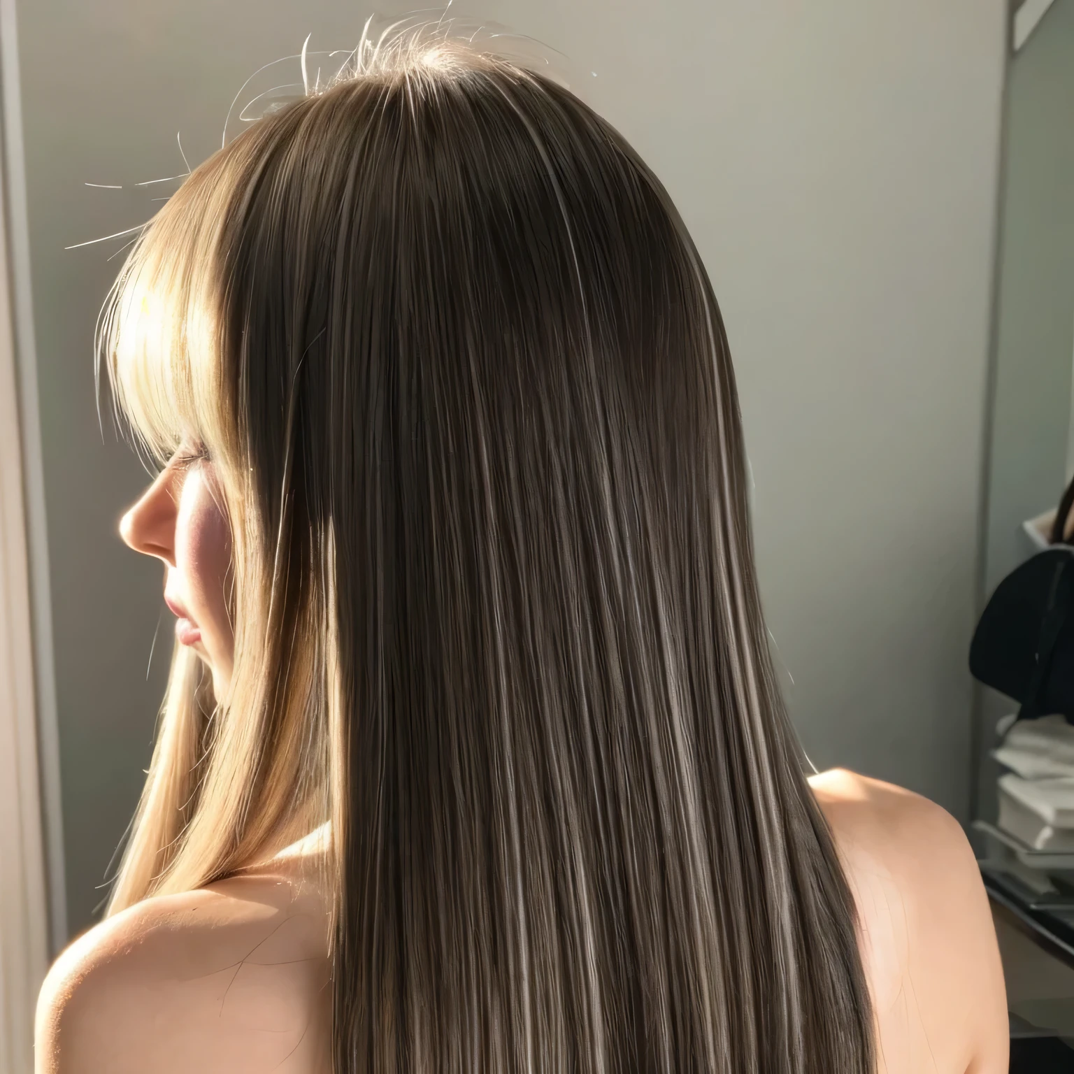 Greige highlights,Beauty,Back view,long hair,Brush your hair back