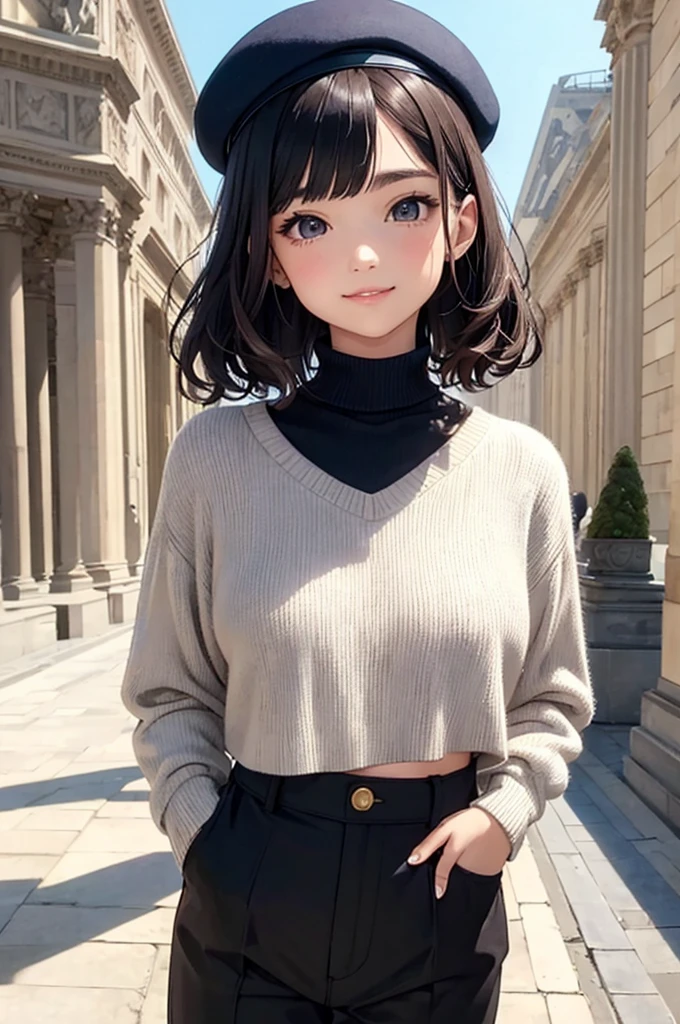 (masterpiece, best quality:1.1),popart style,flat color,({Mia},1girl,japanese,tween,beautiful detailed face,(navy hair-color),((wavy-short hair)),parallel eyebrows,navy eyes with large brown irises,blunt bangs,small nose, fresh lips,small breasts,(5feet tall)), enjoy trip,(Louvre pyramid),France, beautiful detailed scenery,very happy,smile,BREAK Cropped cashmere turtleneck,twill trousers,leather square-toe ankle boots,upcycled wool beret,photographic portrait, sharp,