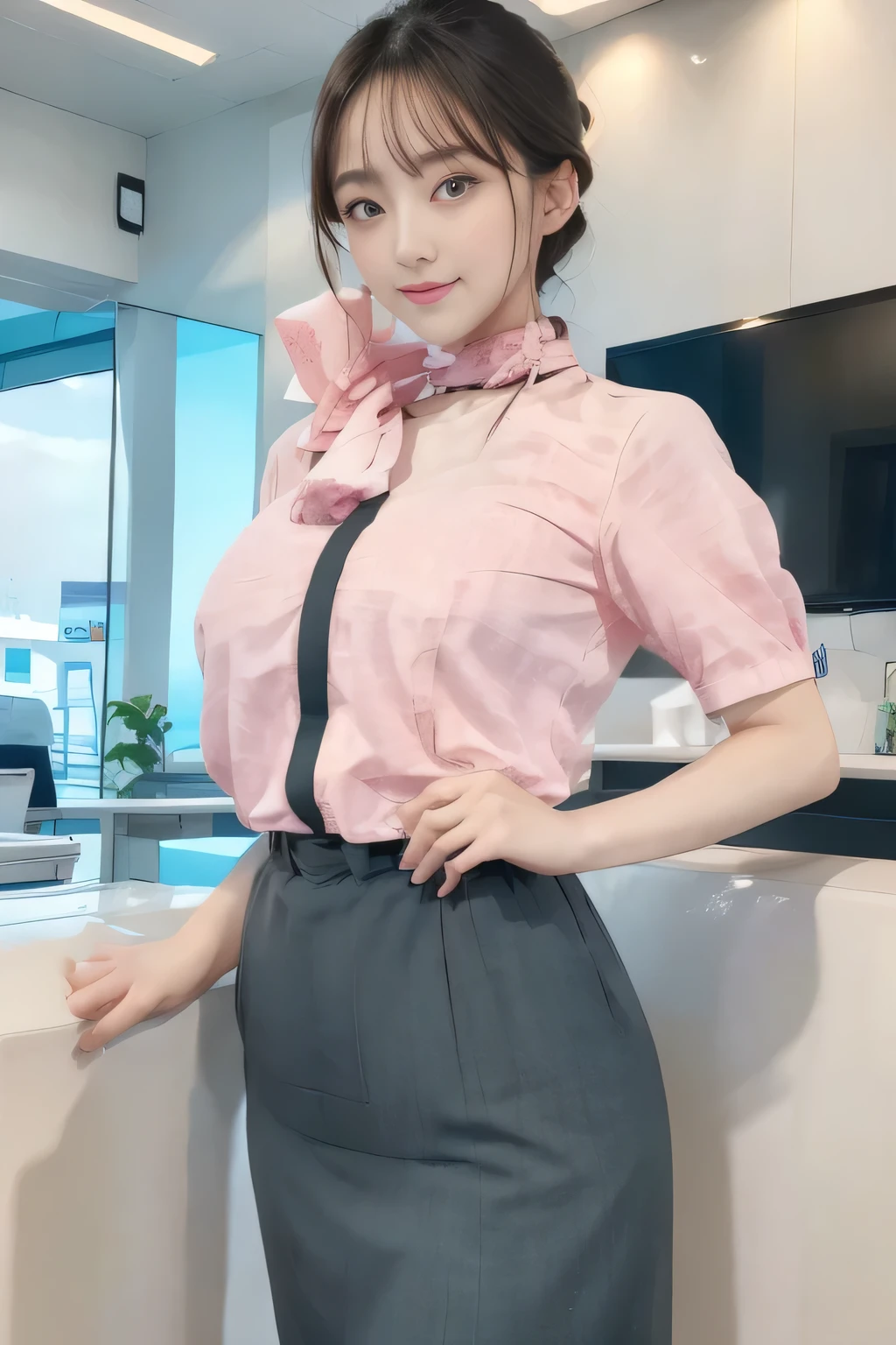 masterpiece:1.2、highest quality:1.2)、32K HDR、High resolution、(alone、1 girl、Slim figure)、(Realistic style wearing the ANA cabincrew uniform)、 (At the airport counter, Professional Lighting)、A proper woman, Beautiful Face,、(ANA cabincrew uniform)、(Short sleeve pink blouse)、(Scarf around the neck)、Big Breasts、(Long hair updo、Chignon)、Dark brown hair、Long Shot、((Fine hand:2.0))、((Harmonious body proportions:1.5))、((Normal limbs:2.0))、((Normal finger:2.0))、((Delicate eyes:2.0))、((Normal eyes:2.0)))、Beautiful standing posture、smile