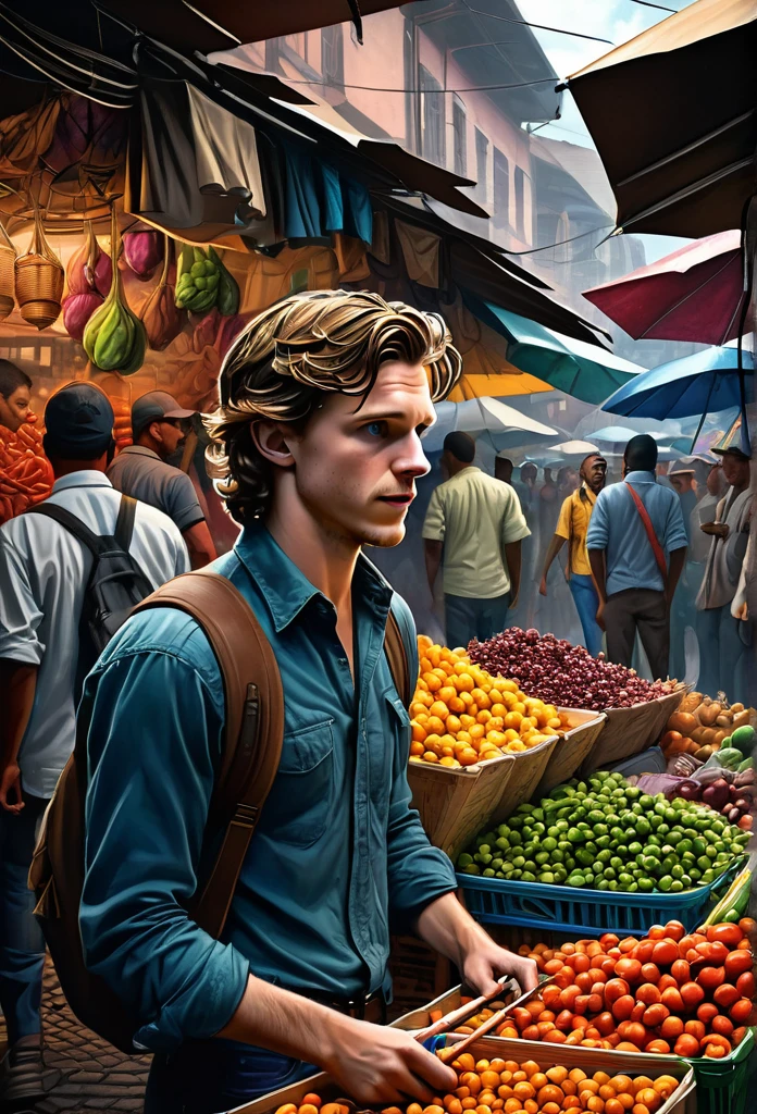 A stunning and intricate color pencil illustration capturing young photographer [Peter Parker:Tom Holland:0.1] in a bustling traditional market in Bandung City, Indonesia. He is skillfully positioning himself to capture the perfect street photograph. In the background, an enigmatic figure resembling John Wick engages in conversation with a group of men. The scene is rendered with exceptional detail and vivid colors, reminiscent of Don Lawrence's artistic style. The Octane render brings the cinematic atmosphere to life, showcasing the vibrancy and energy of the market., cinematic, vibrant, illustration