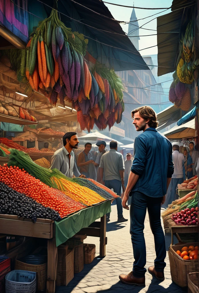 A stunning and intricate color pencil illustration capturing young photographer [Peter Parker:Tom Holland:0.1] in a bustling traditional market in Bandung City, Indonesia. He is skillfully positioning himself to capture the perfect street photograph. In the background, an enigmatic figure resembling John Wick engages in conversation with a group of men. The scene is rendered with exceptional detail and vivid colors, reminiscent of Don Lawrence's artistic style. The Octane render brings the cinematic atmosphere to life, showcasing the vibrancy and energy of the market., cinematic, vibrant, illustration