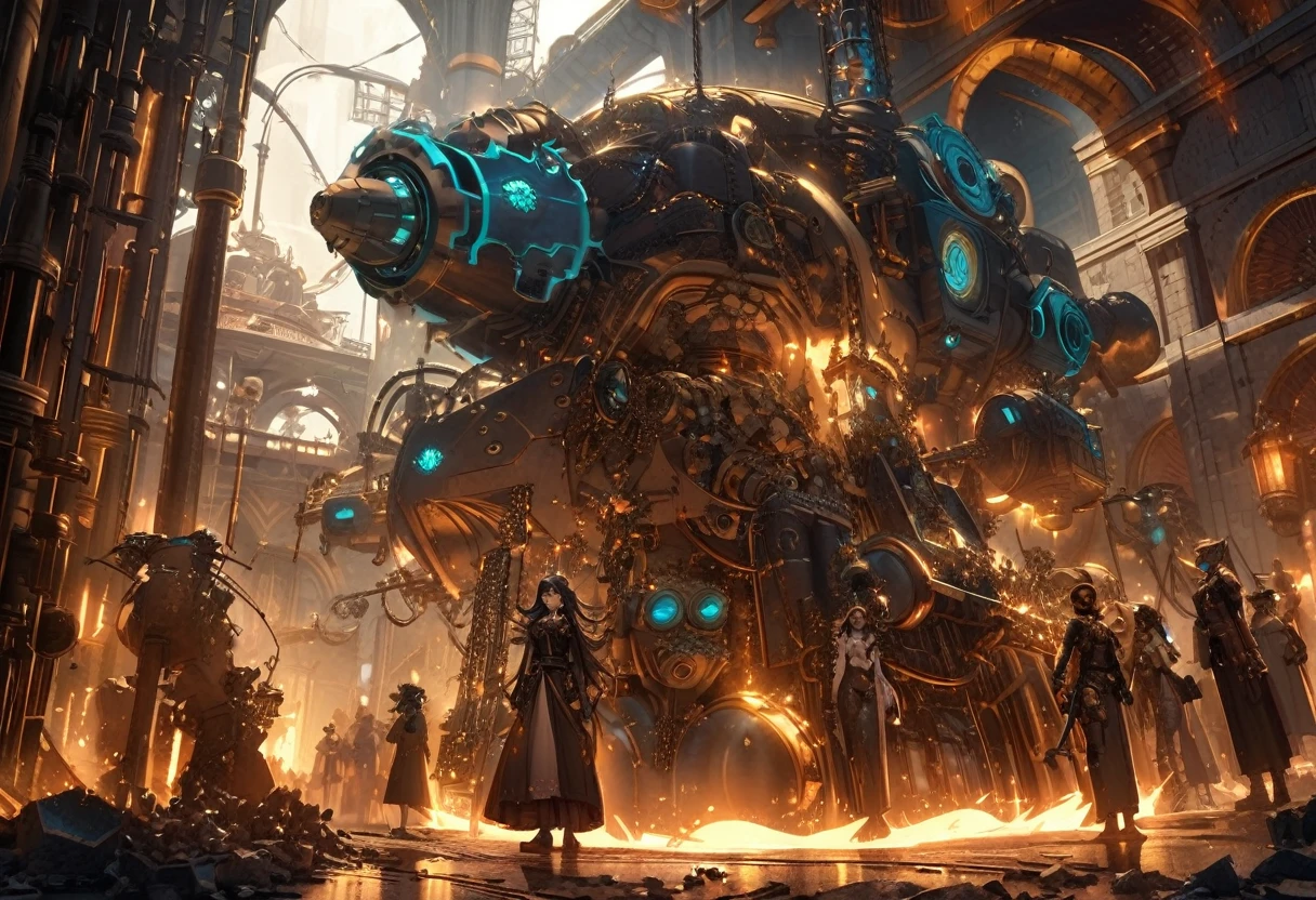 The queen of the mole people, a blue-skinned and gorgeous woman with mesmerizing doe eyes, has just driven her enormous and terrifying drilling machine into the lab, causing the floor to erupt. She is wearing a digger suit, which she now starts to take off. The steam punk-inspired scene is filled with intricate details, showcasing the blending of retro-futuristic elements and Victorian aesthetics. The drilling machine, covered in gears and pipes, exudes an aura of power and mechanical complexity. It emits plumes of steam and releases bursts of sparks as it pierces through the ground, leaving a trail of destruction in its wake. The machine's exterior is encrusted with rivets and adorned with elaborate engravings, reflecting the artistry of its construction. Surrounding the scene, the lab is a chaotic mess. Shattered glass and debris litter the floor, revealing hidden tunnels and secret passages leading to the mole people's underground kingdom. The walls are adorned with vintage scientific apparatus and steampunk-inspired machinery, with flickering gas lamps casting a dim but warm glow across the room. As the queen emerges from the machine, her blue skin glows with an ethereal radiance. Her eyes, captivating and full of depth, seem to hold a sense of mystery. Her lush, curled lashes frame her eyes, accentuating their beauty. The queen's dark, flowing hair cascades down her back, partially covering her backless corset and intricate leather attire. In the background, a group of mole people, with their pale and grubby skin, are gathered around in awe and reverence at their queen's entrance. They wear tattered clothing adorned with gears, goggles, and other steam punk accessories. Some wield primitive but intriguing underground weapons, ready to defend their queen and their homeland. The color palette of the scene reflects the steampunk aesthetic - a combination of warm earthy tones, brass tones, and deep blues. The lighting, characterized by the flickering gas lamps
