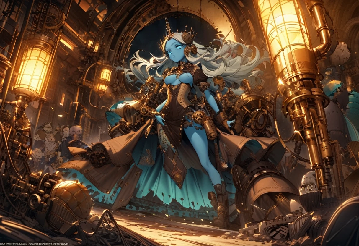 The queen of the mole people, a blue-skinned and gorgeous woman with mesmerizing doe eyes, has just driven her enormous and terrifying drilling machine into the lab, causing the floor to erupt. She is wearing a digger suit, which she now starts to take off. The steam punk-inspired scene is filled with intricate details, showcasing the blending of retro-futuristic elements and Victorian aesthetics. The drilling machine, covered in gears and pipes, exudes an aura of power and mechanical complexity. It emits plumes of steam and releases bursts of sparks as it pierces through the ground, leaving a trail of destruction in its wake. The machine's exterior is encrusted with rivets and adorned with elaborate engravings, reflecting the artistry of its construction. Surrounding the scene, the lab is a chaotic mess. Shattered glass and debris litter the floor, revealing hidden tunnels and secret passages leading to the mole people's underground kingdom. The walls are adorned with vintage scientific apparatus and steampunk-inspired machinery, with flickering gas lamps casting a dim but warm glow across the room. As the queen emerges from the machine, her blue skin glows with an ethereal radiance. Her eyes, captivating and full of depth, seem to hold a sense of mystery. Her lush, curled lashes frame her eyes, accentuating their beauty. The queen's dark, flowing hair cascades down her back, partially covering her backless corset and intricate leather attire. In the background, a group of mole people, with their pale and grubby skin, are gathered around in awe and reverence at their queen's entrance. They wear tattered clothing adorned with gears, goggles, and other steam punk accessories. Some wield primitive but intriguing underground weapons, ready to defend their queen and their homeland. The color palette of the scene reflects the steampunk aesthetic - a combination of warm earthy tones, brass tones, and deep blues. The lighting, characterized by the flickering gas lamps