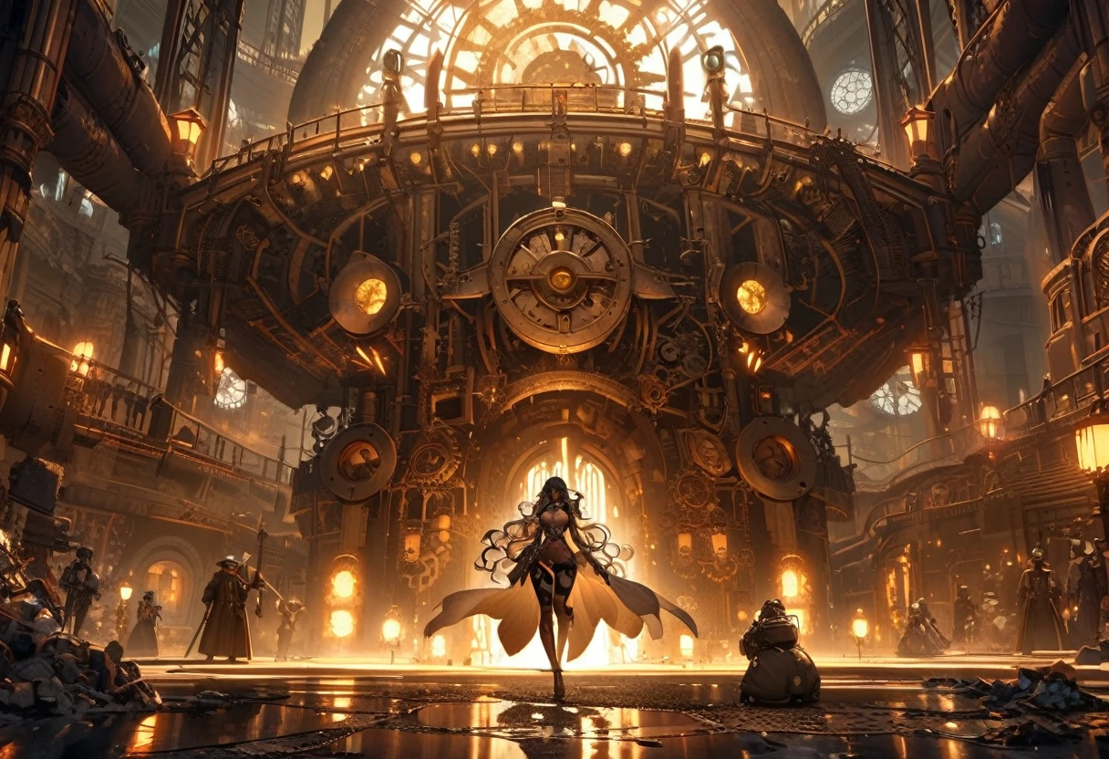 The queen of the mole people, a blue-skinned and gorgeous woman with mesmerizing doe eyes, has just driven her enormous and terrifying drilling machine into the lab, causing the floor to erupt. She is wearing a digger suit, which she now starts to take off. The steam punk-inspired scene is filled with intricate details, showcasing the blending of retro-futuristic elements and Victorian aesthetics. The drilling machine, covered in gears and pipes, exudes an aura of power and mechanical complexity. It emits plumes of steam and releases bursts of sparks as it pierces through the ground, leaving a trail of destruction in its wake. The machine's exterior is encrusted with rivets and adorned with elaborate engravings, reflecting the artistry of its construction. Surrounding the scene, the lab is a chaotic mess. Shattered glass and debris litter the floor, revealing hidden tunnels and secret passages leading to the mole people's underground kingdom. The walls are adorned with vintage scientific apparatus and steampunk-inspired machinery, with flickering gas lamps casting a dim but warm glow across the room. As the queen emerges from the machine, her blue skin glows with an ethereal radiance. Her eyes, captivating and full of depth, seem to hold a sense of mystery. Her lush, curled lashes frame her eyes, accentuating their beauty. The queen's dark, flowing hair cascades down her back, partially covering her backless corset and intricate leather attire. In the background, a group of mole people, with their pale and grubby skin, are gathered around in awe and reverence at their queen's entrance. They wear tattered clothing adorned with gears, goggles, and other steam punk accessories. Some wield primitive but intriguing underground weapons, ready to defend their queen and their homeland. The color palette of the scene reflects the steampunk aesthetic - a combination of warm earthy tones, brass tones, and deep blues. The lighting, characterized by the flickering gas lamps