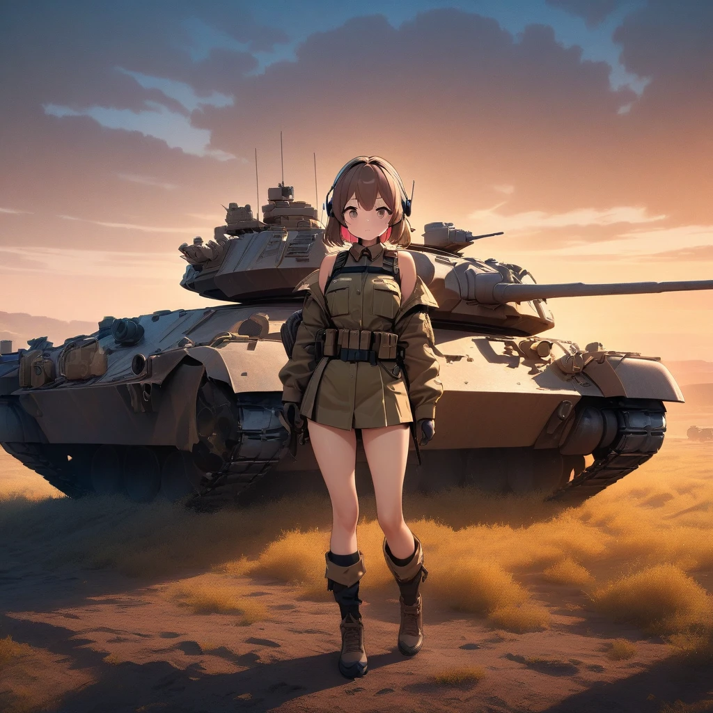 High quality, high definition images, full HD、8k.1 girl Short chestnut hair wearing US combat uniform 、tank corps America's tank turret From the commander's cupola The body is exposed.Something is being said over the wireless headset There is a brown rabbit on the turret.background field