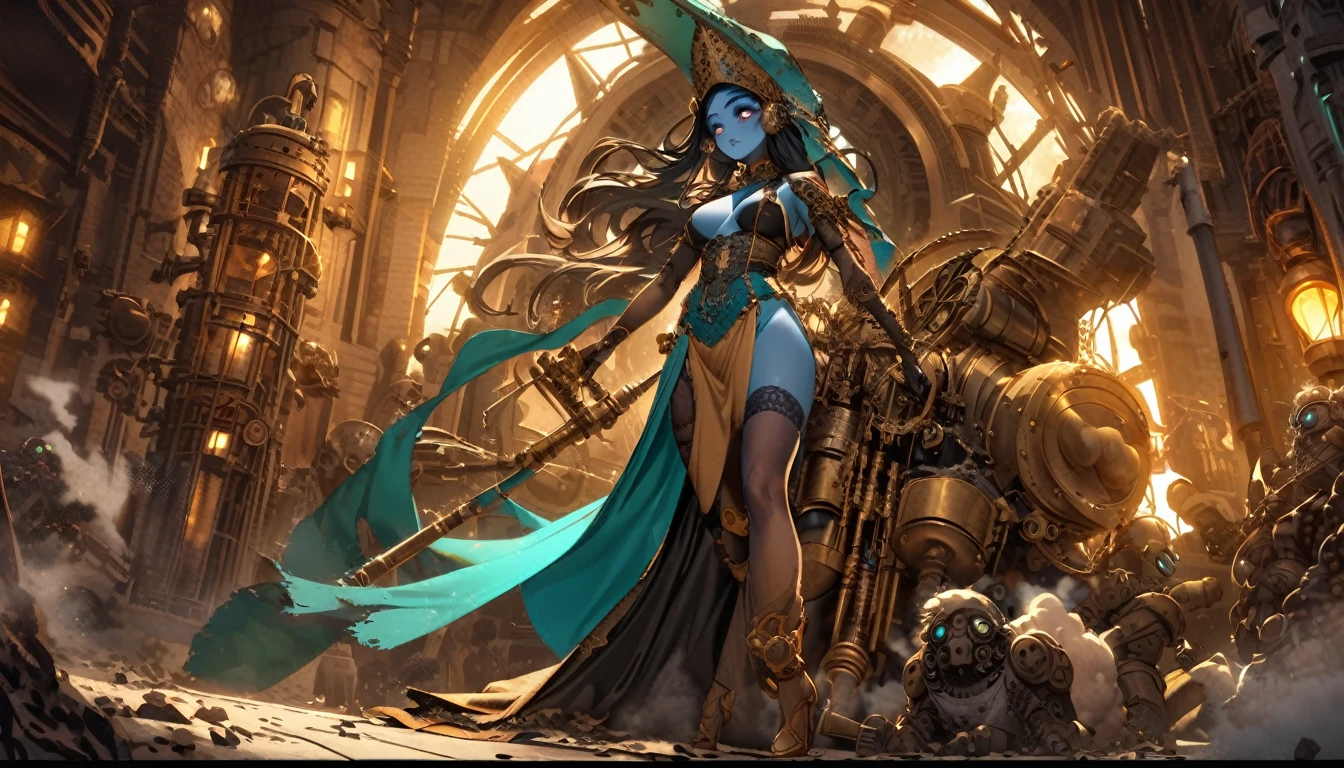 The queen of the mole people, a blue-skinned and gorgeous woman with mesmerizing doe eyes, has just driven her enormous and terrifying drilling machine into the lab, causing the floor to erupt. She is wearing a digger suit, which she now starts to take off. The steam punk-inspired scene is filled with intricate details, showcasing the blending of retro-futuristic elements and Victorian aesthetics. The drilling machine, covered in gears and pipes, exudes an aura of power and mechanical complexity. It emits plumes of steam and releases bursts of sparks as it pierces through the ground, leaving a trail of destruction in its wake. The machine's exterior is encrusted with rivets and adorned with elaborate engravings, reflecting the artistry of its construction. Surrounding the scene, the lab is a chaotic mess. Shattered glass and debris litter the floor, revealing hidden tunnels and secret passages leading to the mole people's underground kingdom. The walls are adorned with vintage scientific apparatus and steampunk-inspired machinery, with flickering gas lamps casting a dim but warm glow across the room. As the queen emerges from the machine, her blue skin glows with an ethereal radiance. Her eyes, captivating and full of depth, seem to hold a sense of mystery. Her lush, curled lashes frame her eyes, accentuating their beauty. The queen's dark, flowing hair cascades down her back, partially covering her backless corset and intricate leather attire. In the background, a group of mole people, with their pale and grubby skin, are gathered around in awe and reverence at their queen's entrance. They wear tattered clothing adorned with gears, goggles, and other steam punk accessories. Some wield primitive but intriguing underground weapons, ready to defend their queen and their homeland. The color palette of the scene reflects the steampunk aesthetic - a combination of warm earthy tones, brass tones, and deep blues. The lighting, characterized by the flickering gas lamps