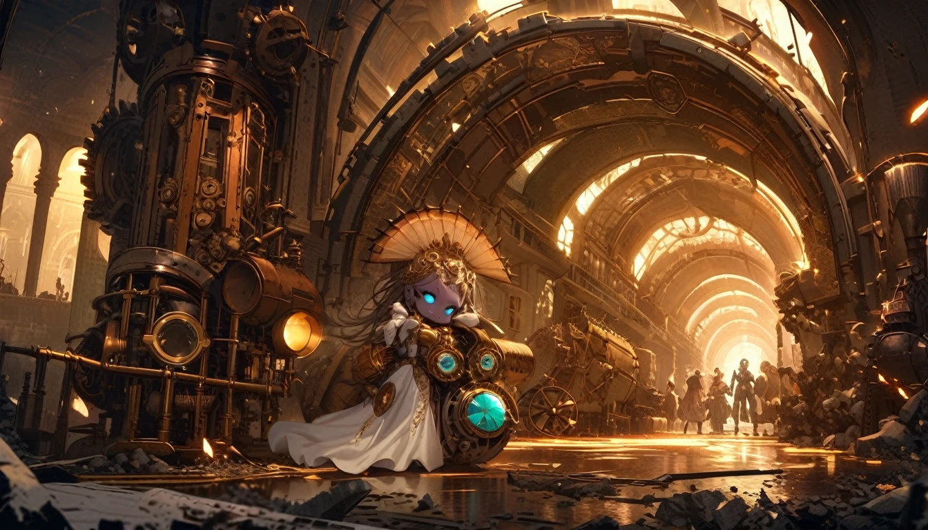 The queen of the mole people, a blue-skinned and gorgeous woman with mesmerizing doe eyes, has just driven her enormous and terrifying drilling machine into the lab, causing the floor to erupt. She is wearing a digger suit, which she now starts to take off. The steam punk-inspired scene is filled with intricate details, showcasing the blending of retro-futuristic elements and Victorian aesthetics. The drilling machine, covered in gears and pipes, exudes an aura of power and mechanical complexity. It emits plumes of steam and releases bursts of sparks as it pierces through the ground, leaving a trail of destruction in its wake. The machine's exterior is encrusted with rivets and adorned with elaborate engravings, reflecting the artistry of its construction. Surrounding the scene, the lab is a chaotic mess. Shattered glass and debris litter the floor, revealing hidden tunnels and secret passages leading to the mole people's underground kingdom. The walls are adorned with vintage scientific apparatus and steampunk-inspired machinery, with flickering gas lamps casting a dim but warm glow across the room. As the queen emerges from the machine, her blue skin glows with an ethereal radiance. Her eyes, captivating and full of depth, seem to hold a sense of mystery. Her lush, curled lashes frame her eyes, accentuating their beauty. The queen's dark, flowing hair cascades down her back, partially covering her backless corset and intricate leather attire. In the background, a group of mole people, with their pale and grubby skin, are gathered around in awe and reverence at their queen's entrance. They wear tattered clothing adorned with gears, goggles, and other steam punk accessories. Some wield primitive but intriguing underground weapons, ready to defend their queen and their homeland. The color palette of the scene reflects the steampunk aesthetic - a combination of warm earthy tones, brass tones, and deep blues. The lighting, characterized by the flickering gas lamps